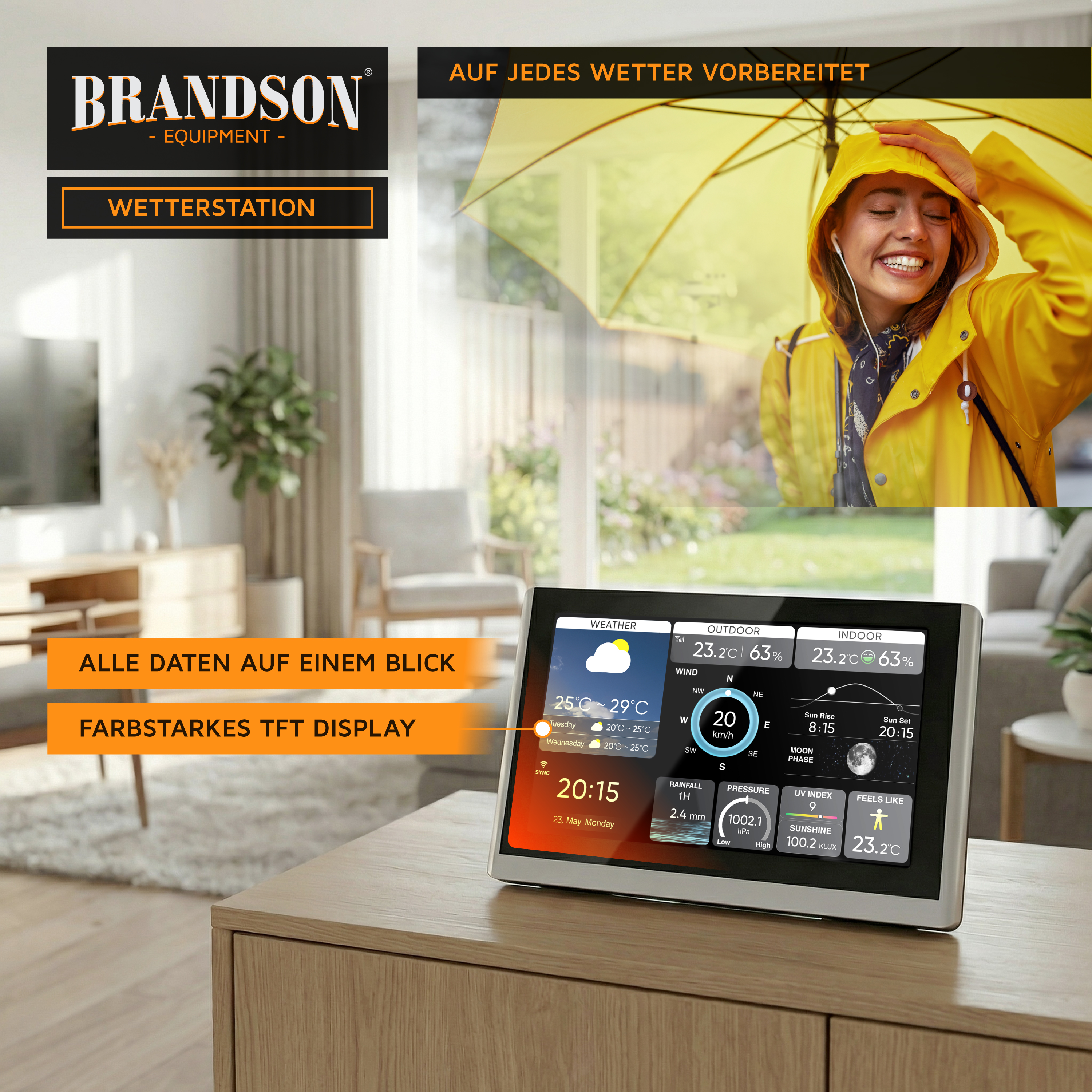 Brandson-Wetterstation mit einem farbenfrohen TFT-Display, das Wetterdaten für den Innen- und Außenbereich anzeigt, platziert auf einem Holztisch in einem modernen Wohnzimmer.