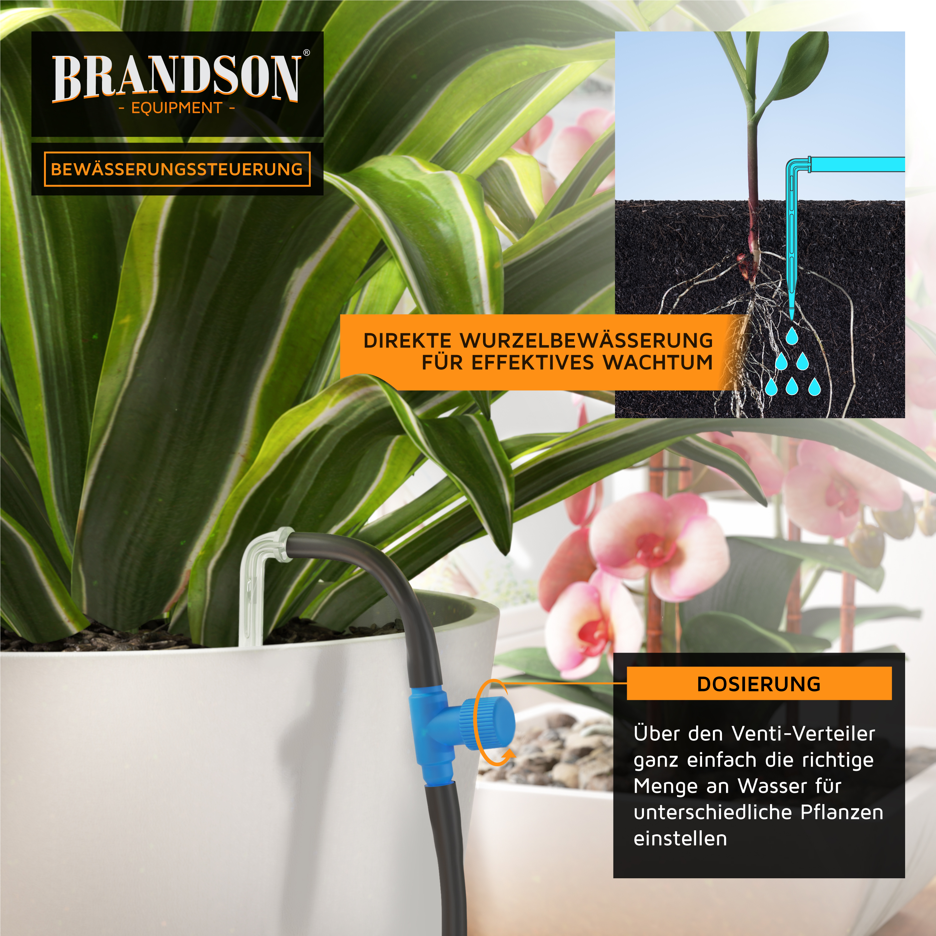 Brandson Bewässerungssteuerung mit transparentem Schlauch und blauer Dosierstelle für präzise Wurzelbewässerung von Pflanzen.