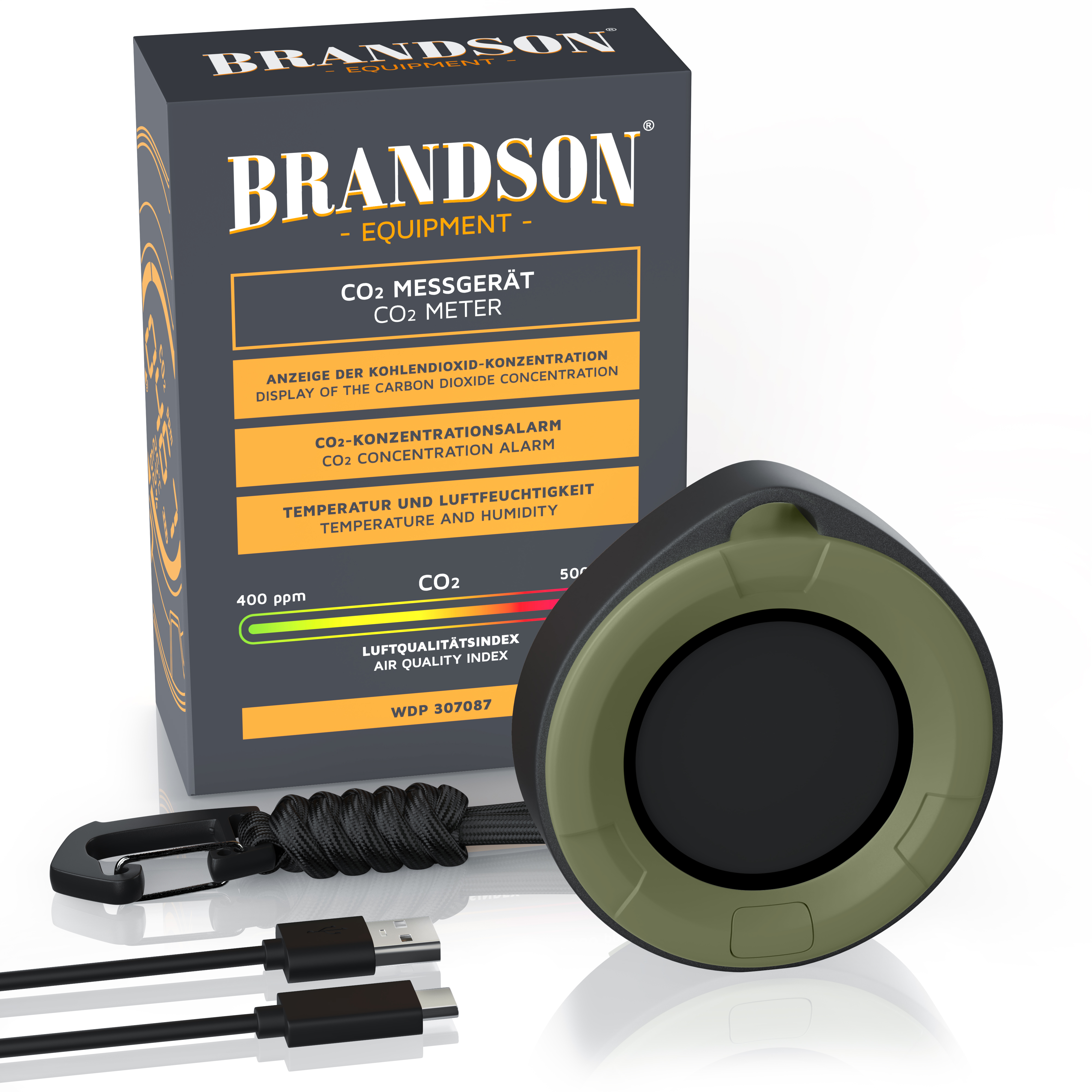Brandson CO2-Messgerät in Schwarz und Grün mit einer Anzeige für die Kohlendioxidkonzentration und mitgelieferten USB-Kabeln.