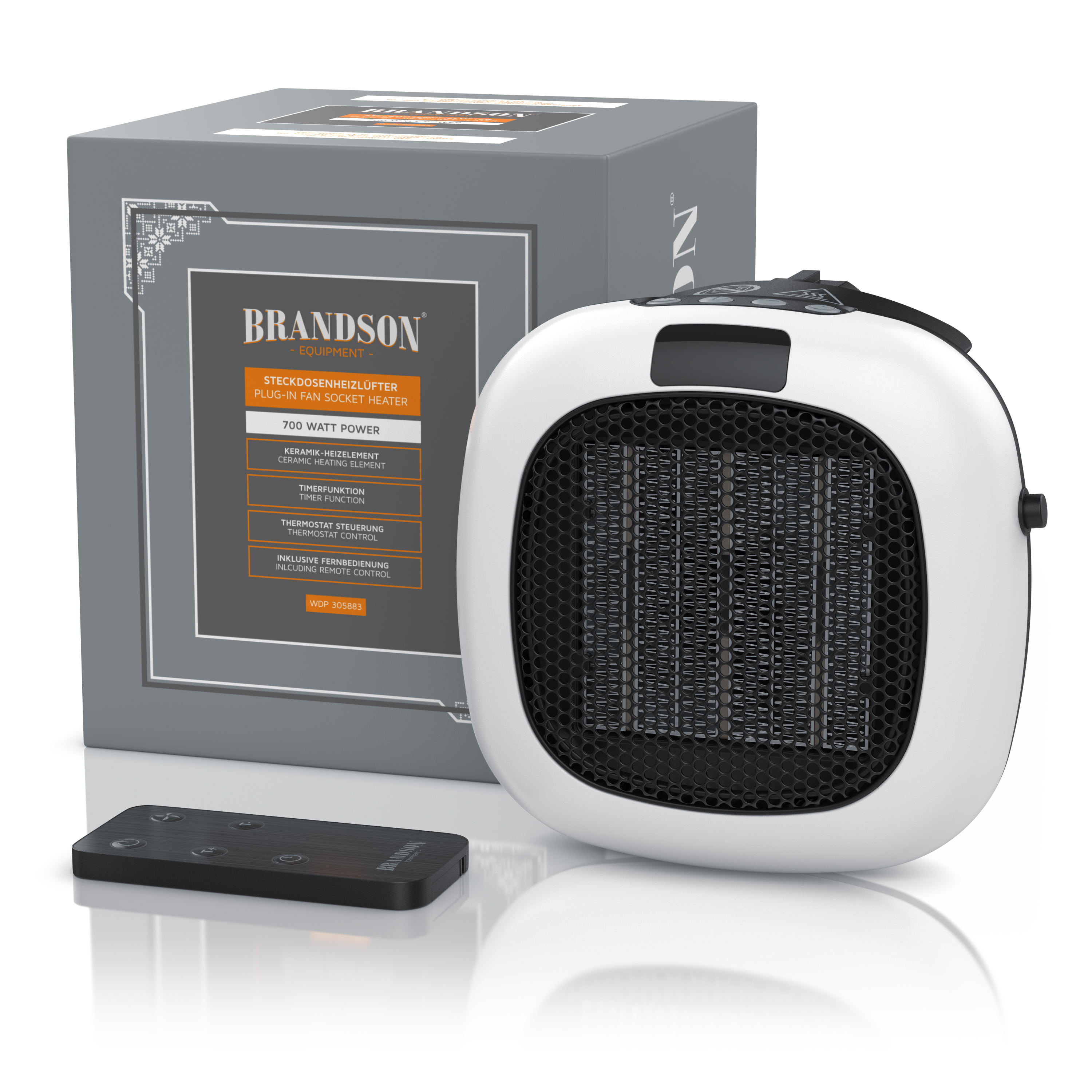 Plug-in-Heizlüfter von Brandson mit kompaktem Design, weißer Farbe, sichtbarem Bedienfeld und mitgelieferter Fernbedienung, angezeigt in der Verpackung.