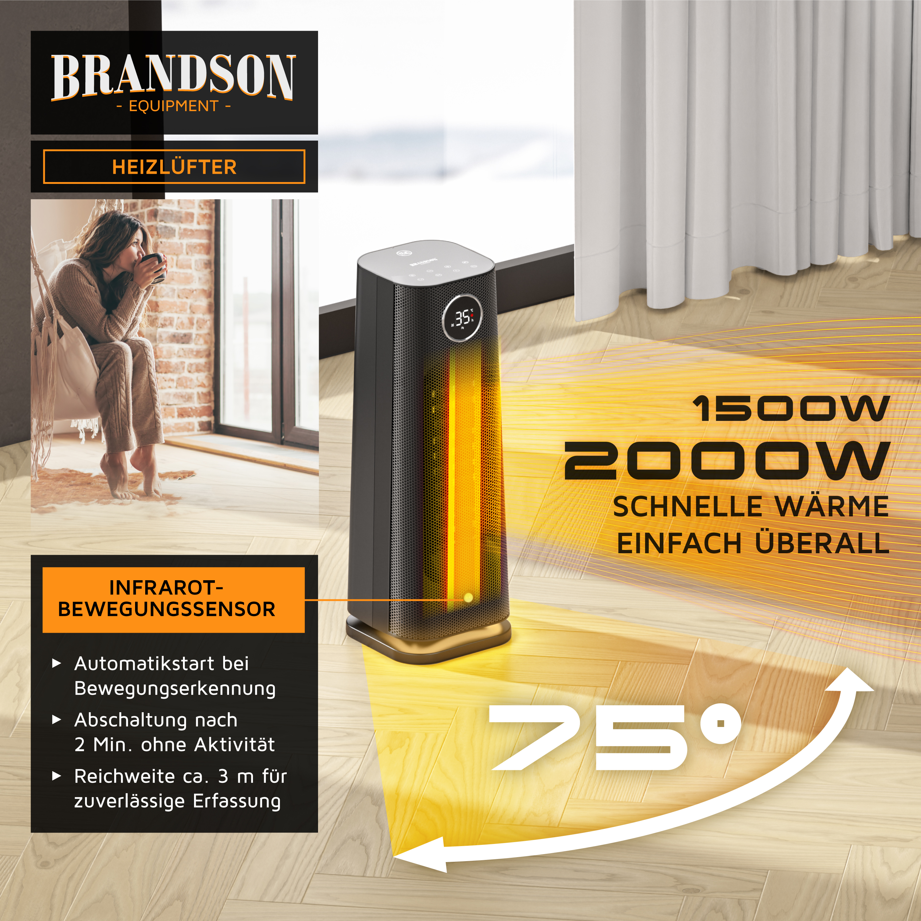Brandson Heizlüfter in schlanker, schwarzer Bauform mit digitalem Display und Infrarot-Bewegungssensor, ideal für schnelle Wärme.