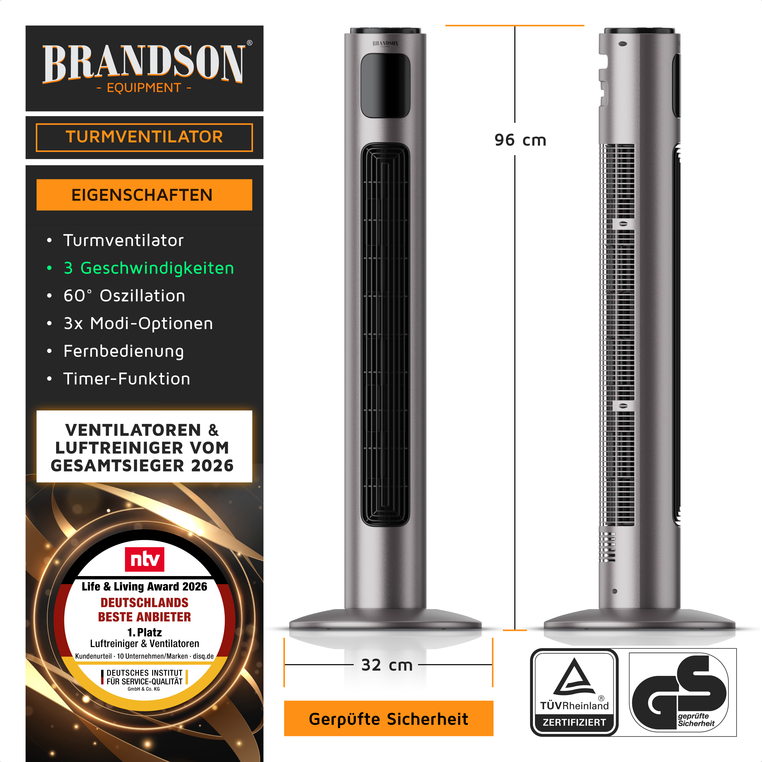 Brandson Turmventilator in Silber mit 96 cm Höhe, 3 Geschwindigkeitsstufen, Fernbedienung und Timer-Funktion.