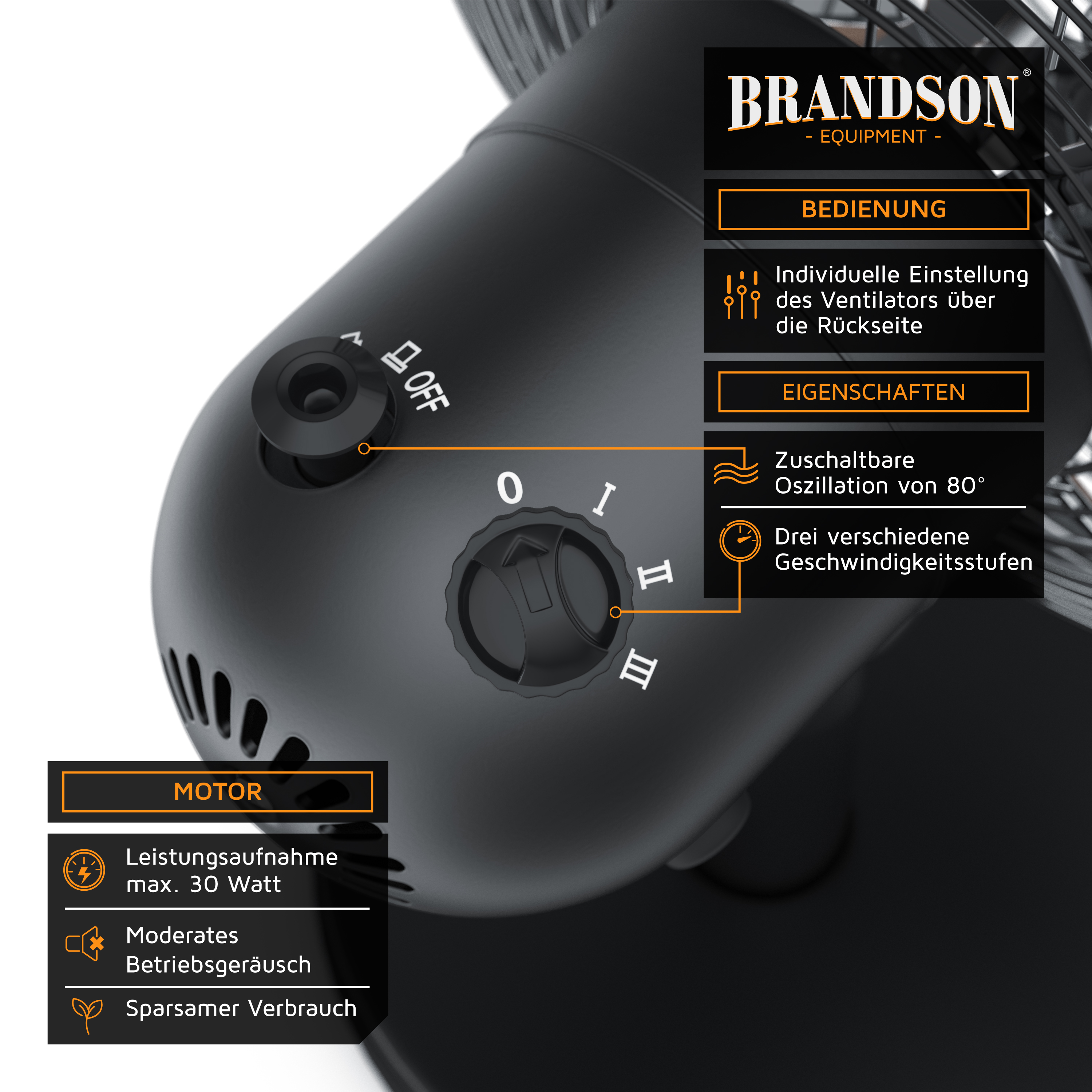 Brandson Standventilator mit schwarzem Gehäuse, Drehregler für Geschwindigkeit und Oszillation, kompakte Bauform und Bedienfeld auf der Rückseite.