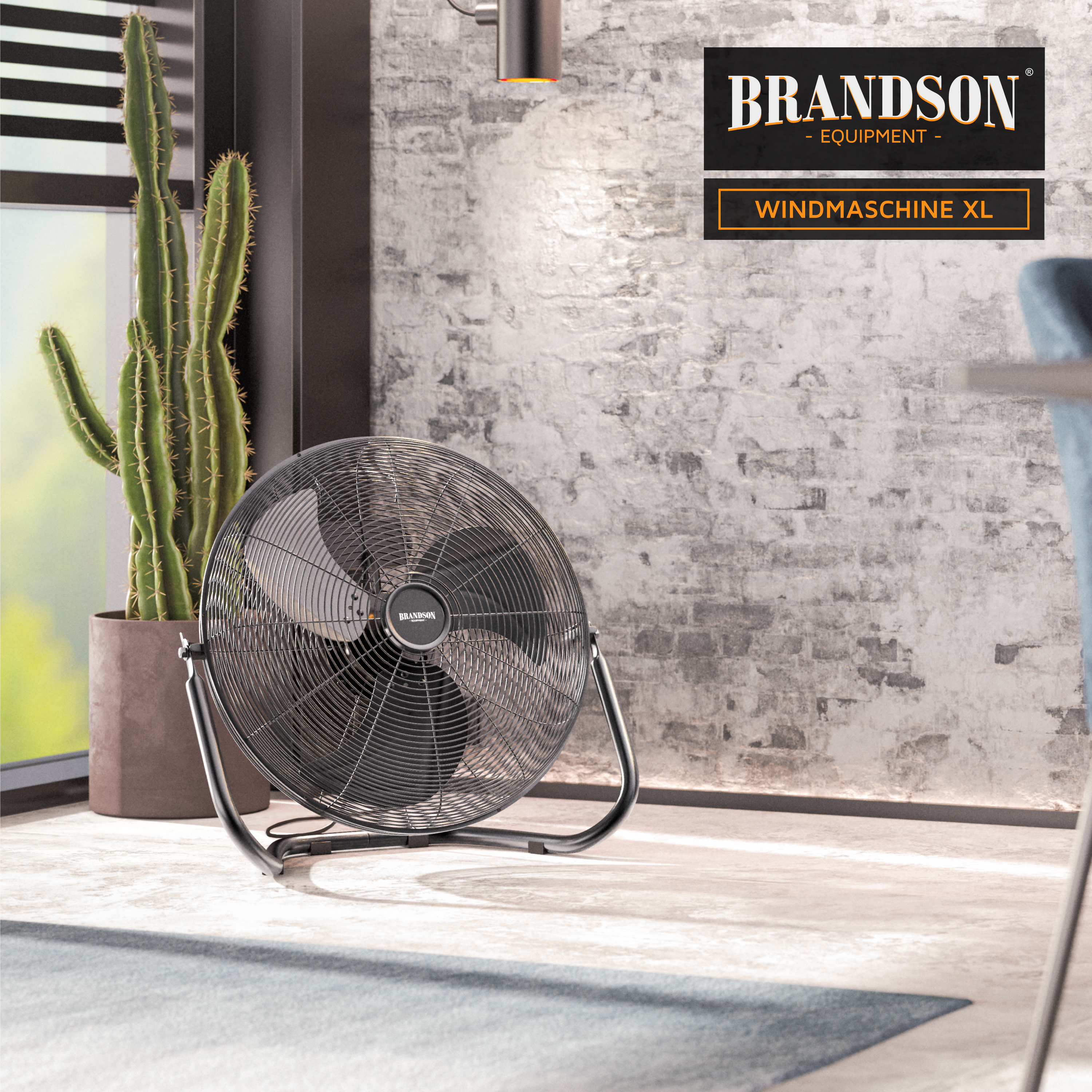 Brandson Windmaschine XL in Schwarz mit stabiler Metallbasis, großem Ventilator und modernem Design, ideal für die Nutzung im Innenbereich.