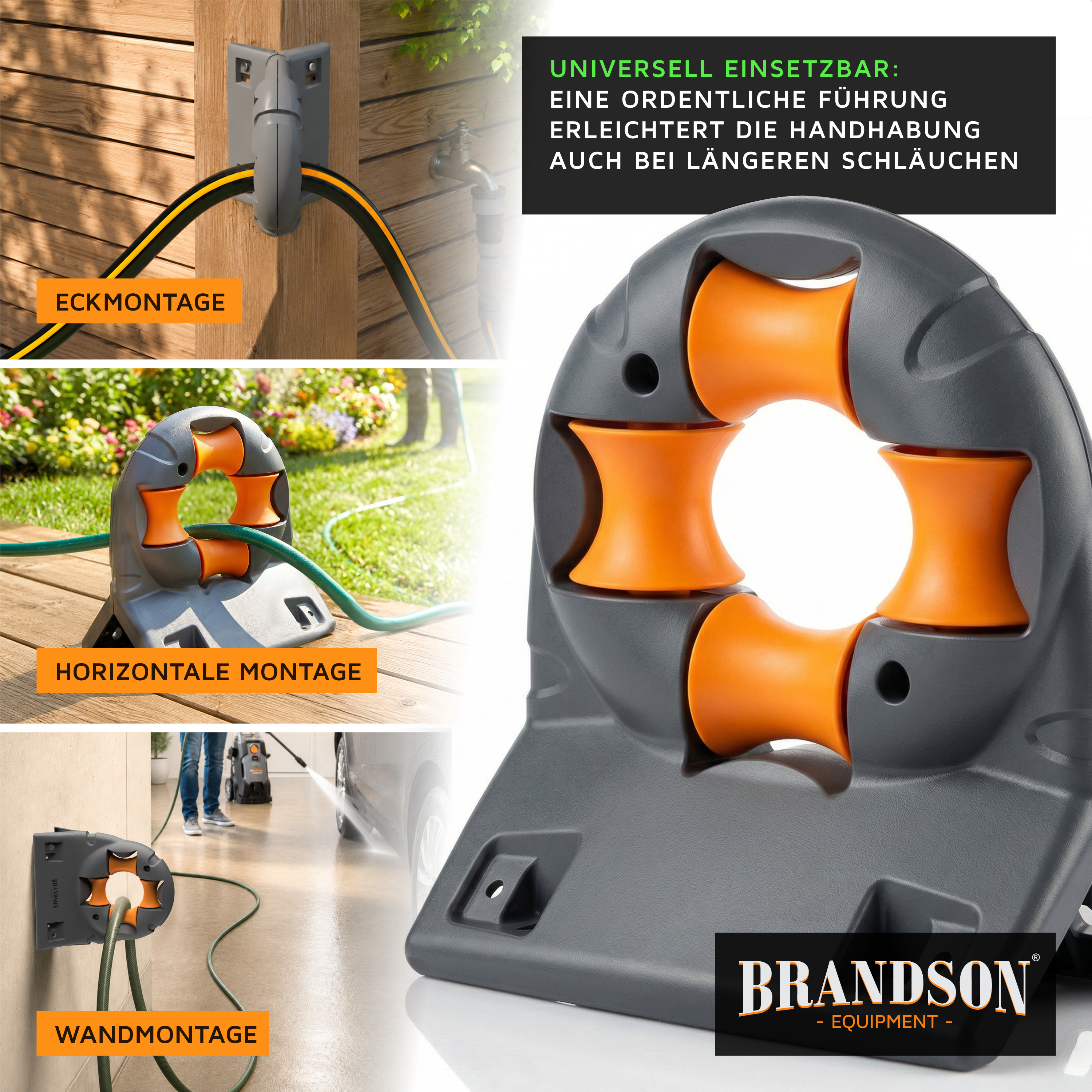 Brandson Schlauchhalter mit grauem Gehäuse und orangefarbenen Halterungen für die Wand- und Eckmontage, ideal für die Aufbewahrung von Gartenschläuchen.