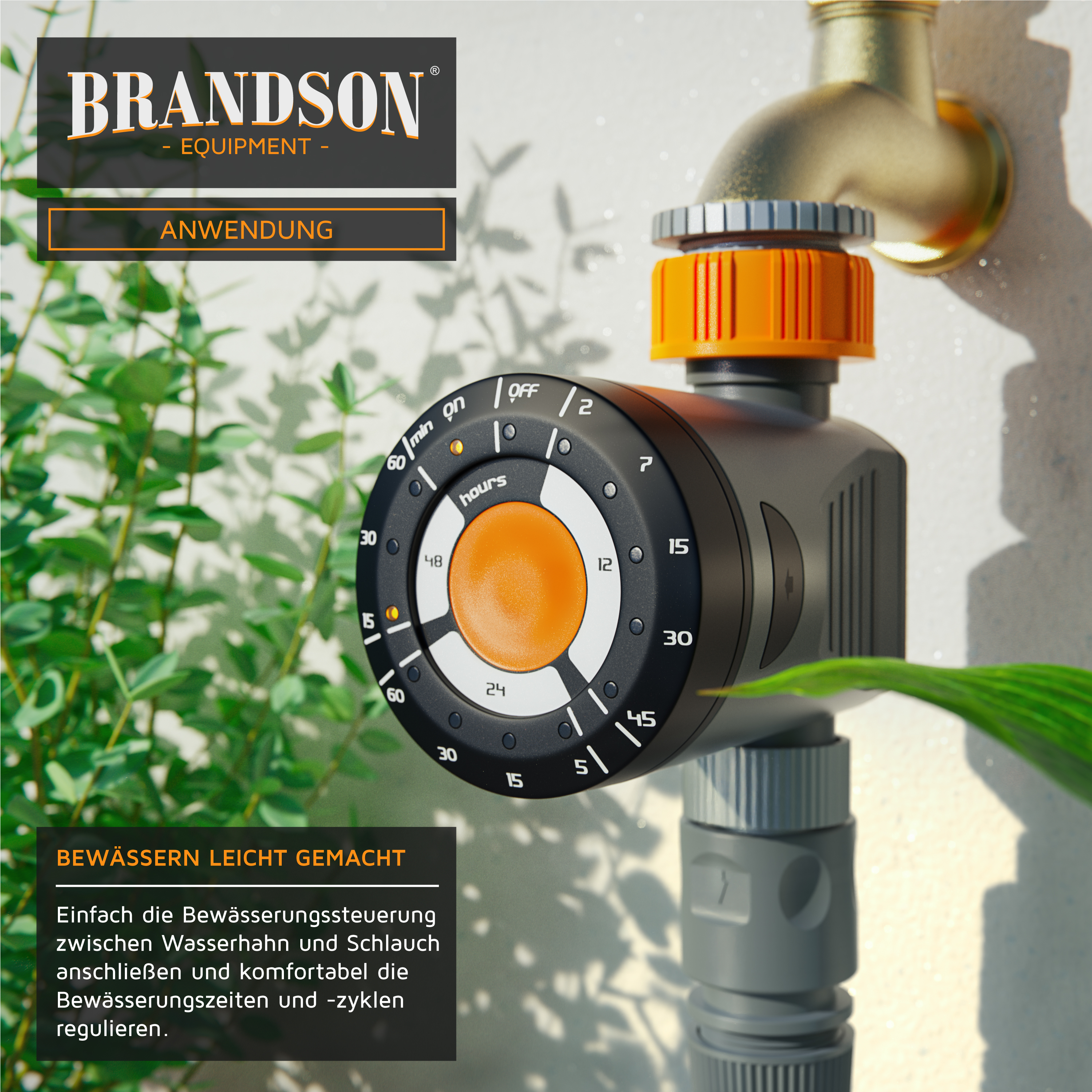 Brandson Bewässerungssteuerung mit einem runden Bedienfeld, orangefarbenem Knopf und Zeitanzeige, angeschlossen an einen Wasserhahn.