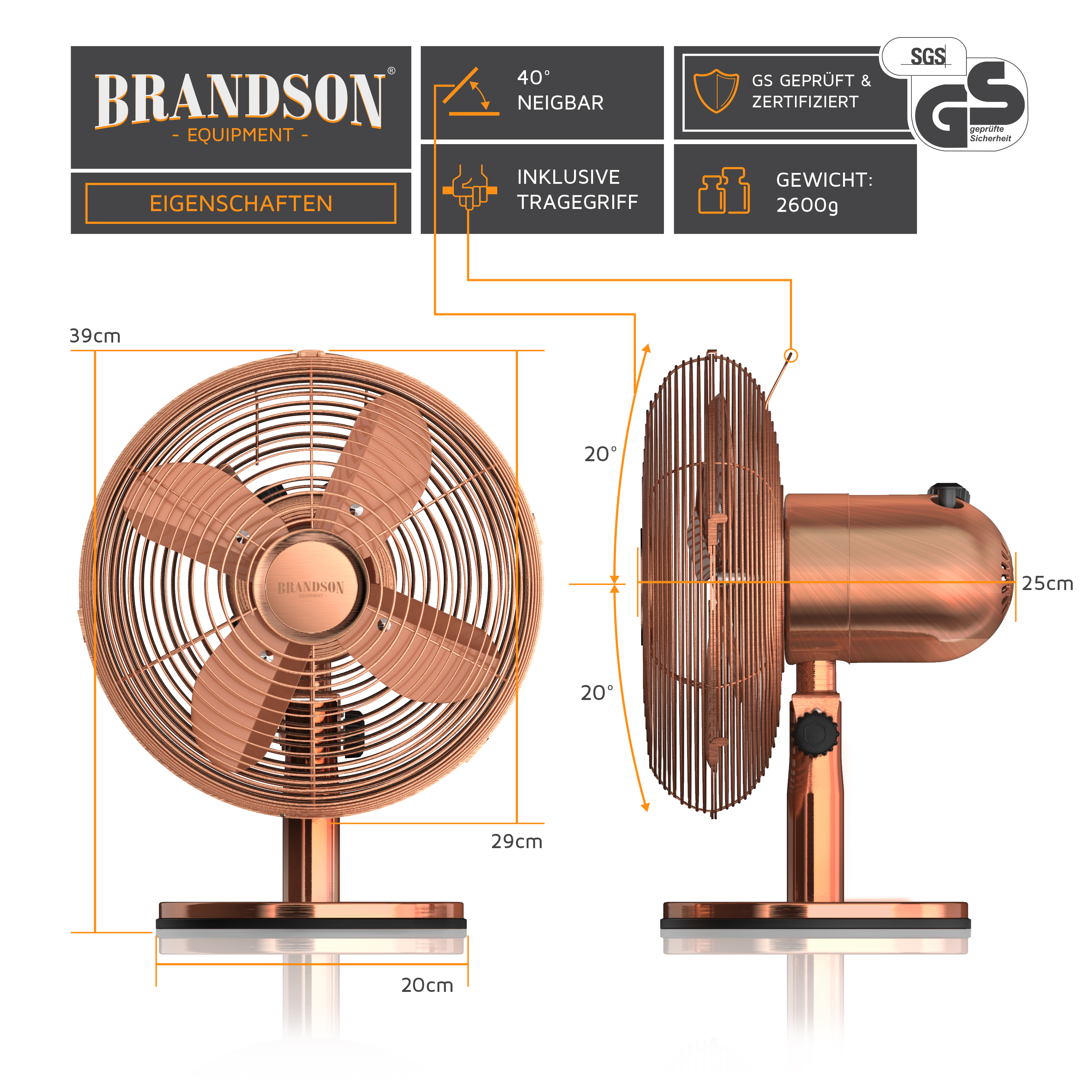 Brandson Standventilator in Kupfer mit 40° neigbarem Kopf, inklusive Tragegriff und stabiler Basis.