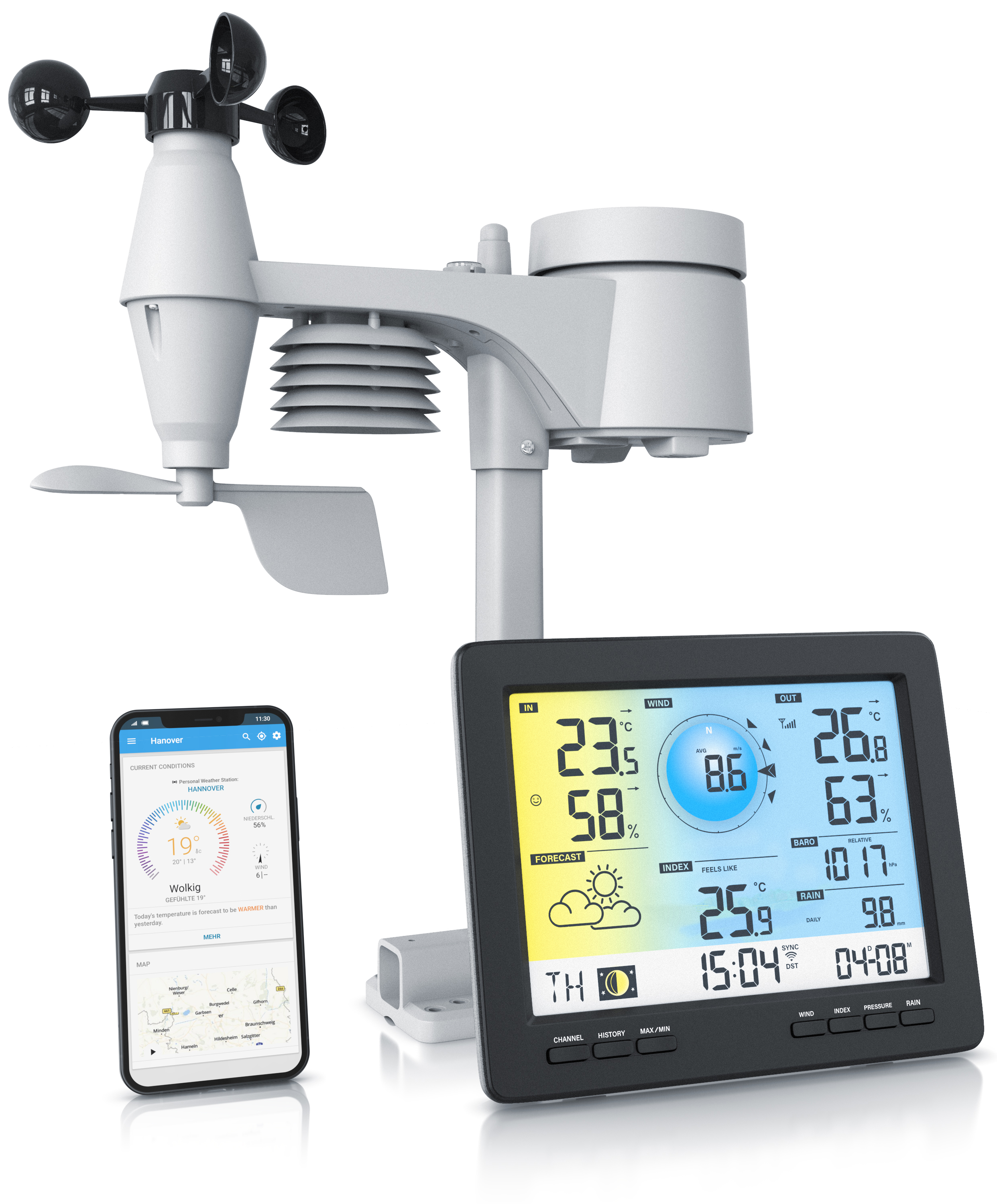 Brandson Wetterstation mit einem digitalen Display, Sensoren für Windgeschwindigkeit und Temperatur, sowie einer Smartphone-App zur Wetterüberwachung.