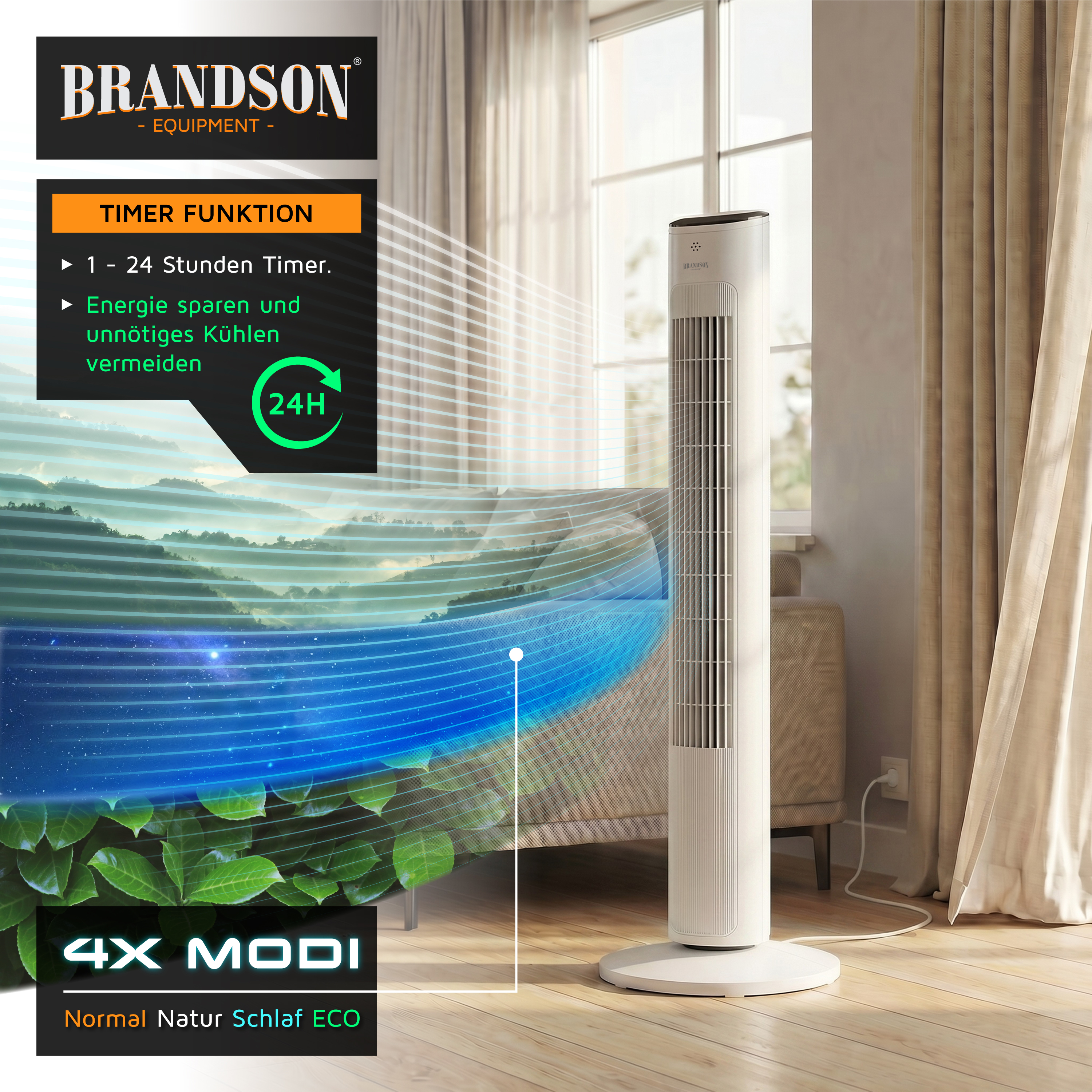 Brandson Turmventilator mit elegantem weißem Design, Digitalanzeige und Timerfunktion, platziert in einem hellen Wohnzimmer.