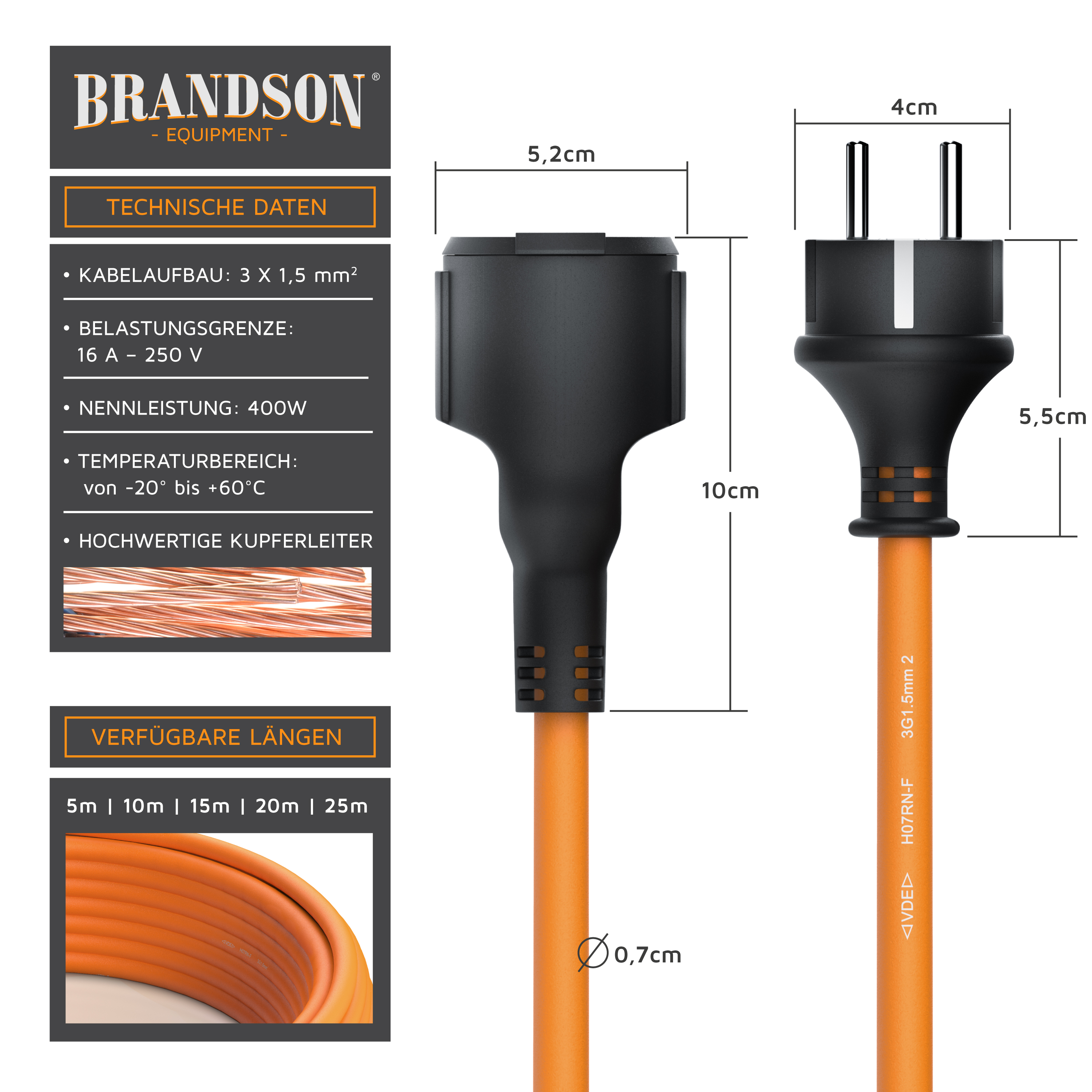 Brandson-Stromkabel mit orangefarbener Isolierung, schwarzem Stecker und nebenstehenden technischen Daten.
