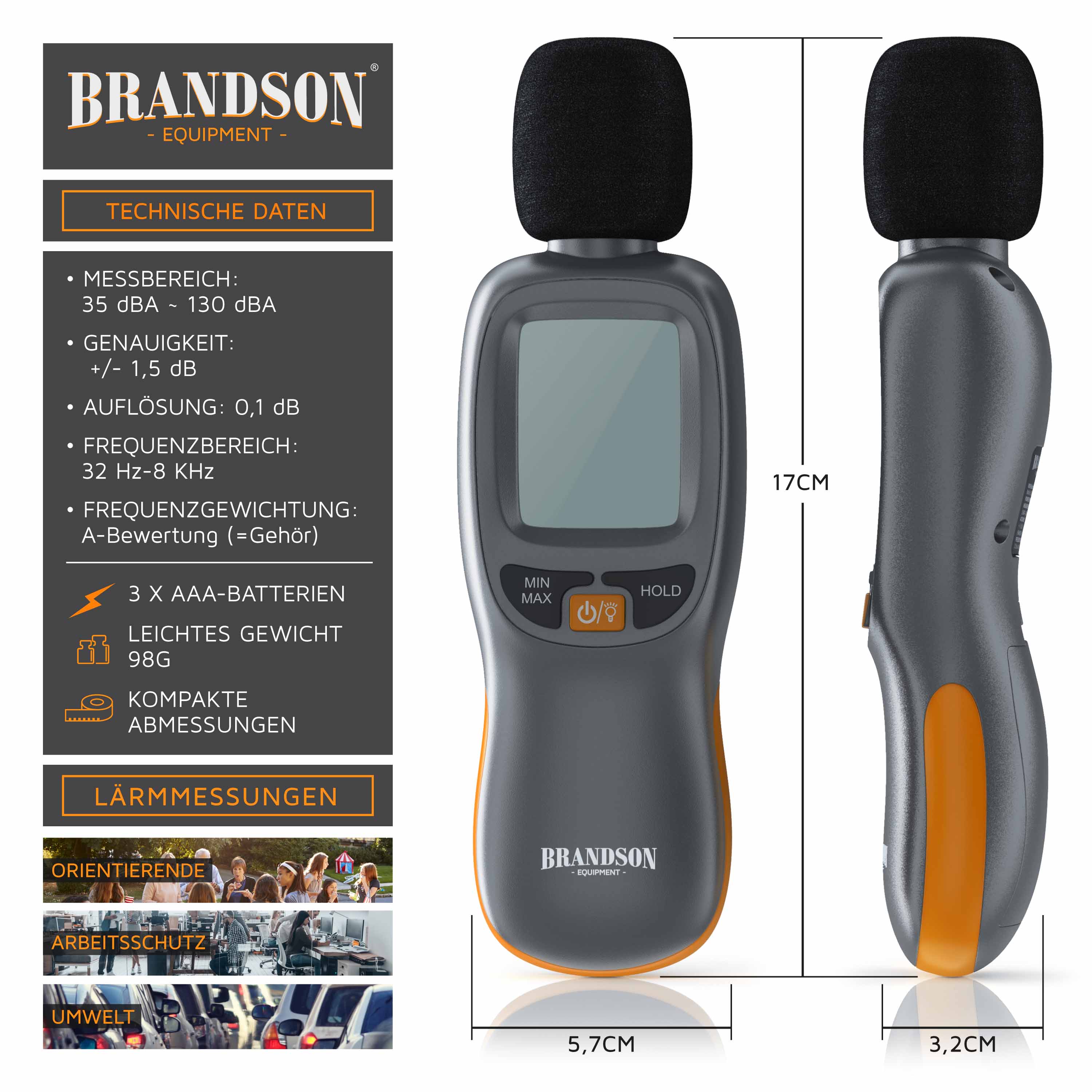 Brandson Schallpegelmesser mit grauem Gehäuse, digitalem Display und orangefarbenen Bedienelementen, kompakt und leicht.