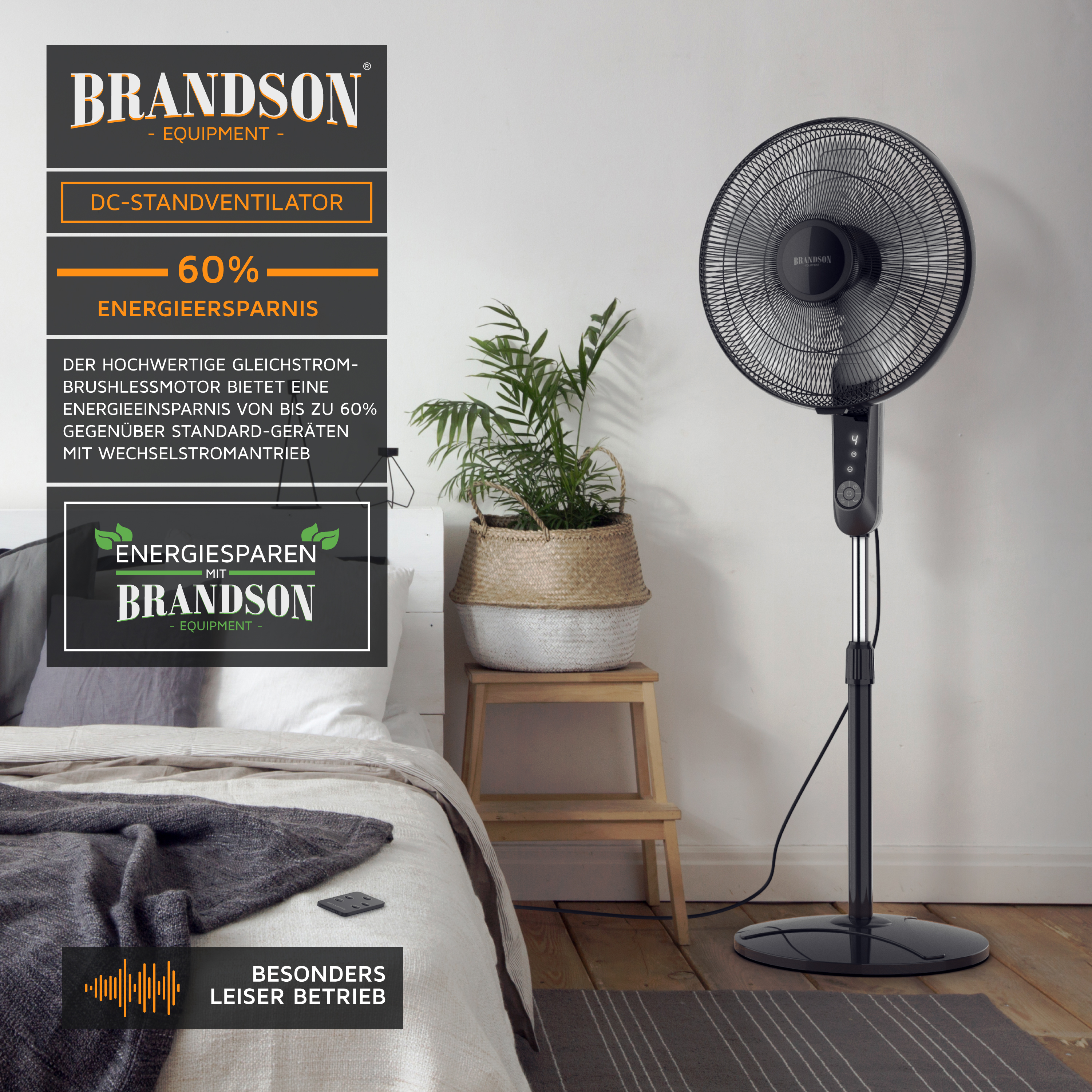 Brandson DC-Standventilator in Schwarz mit Bedienfeld und Fernbedienung, ideal für den Einsatz im Schlafzimmer.