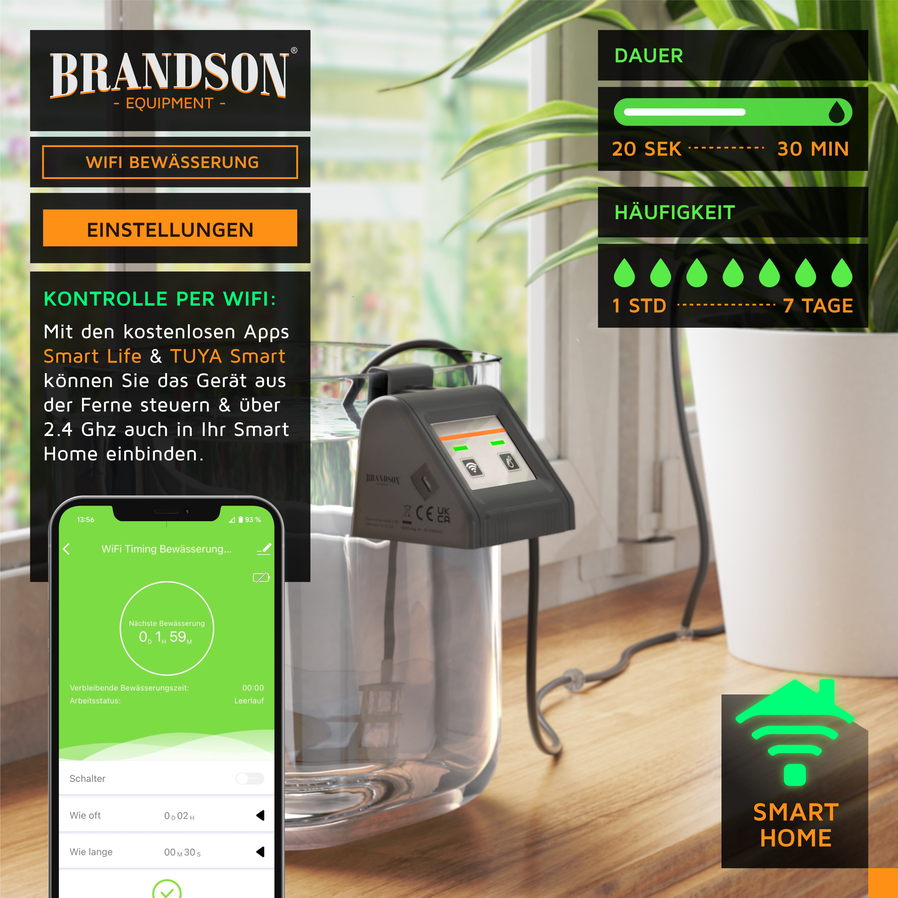 Brandson WiFi Bewässerungsgerät mit zwei Tasten, LED-Anzeige und Kabel, zur Fernsteuerung über Smart Life und TUYA Smart Apps.