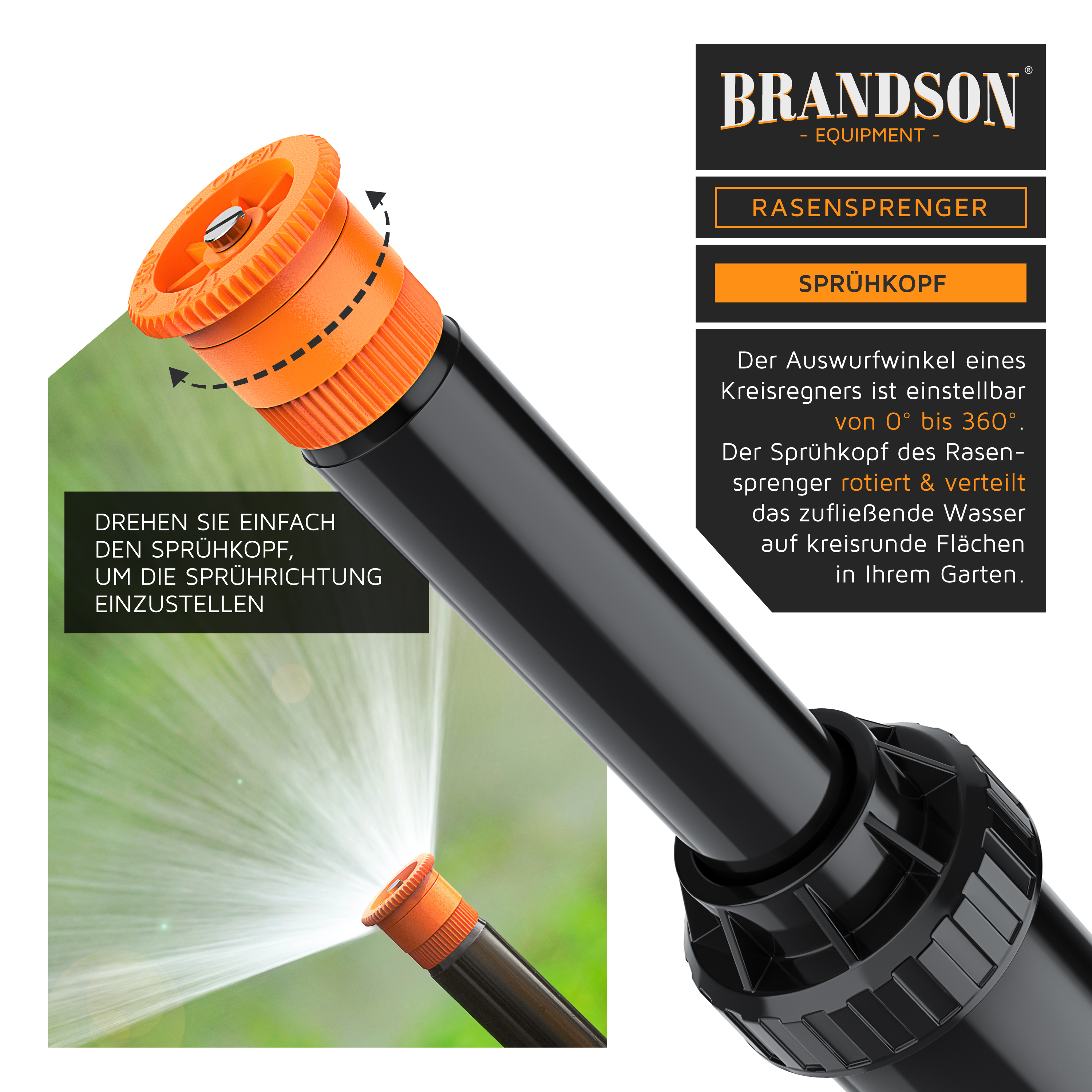 Brandson Rasensprenger mit einstellbarem Sprühkopf in orange und schwarzem Material, ideal für die Bewässerung von Gärten.