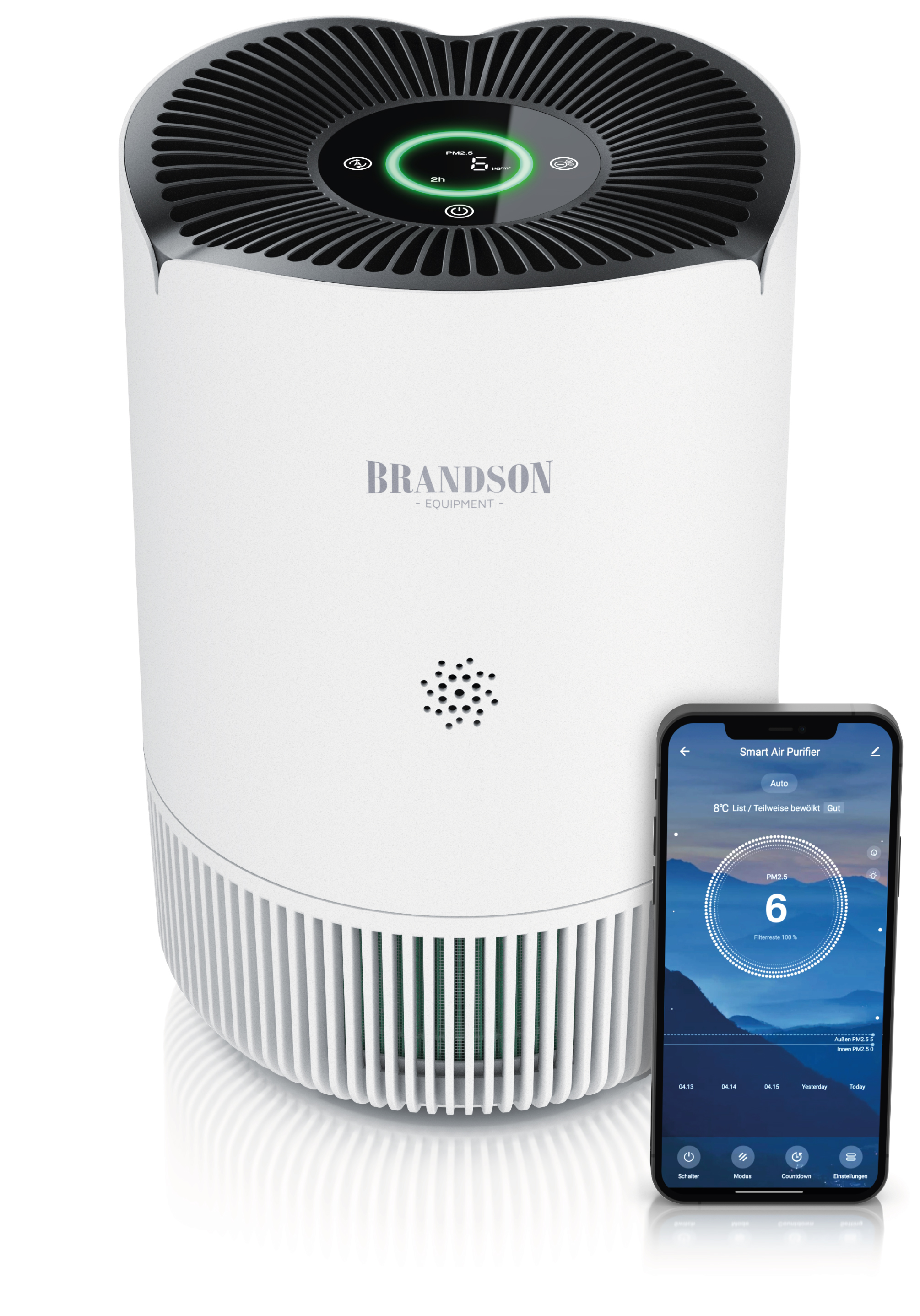 Brandson-Luftreiniger mit elegantem weißen Design, Touch-Bedienfeld und einer Smartphone-App zur Anzeige von Luftqualitätsdaten.