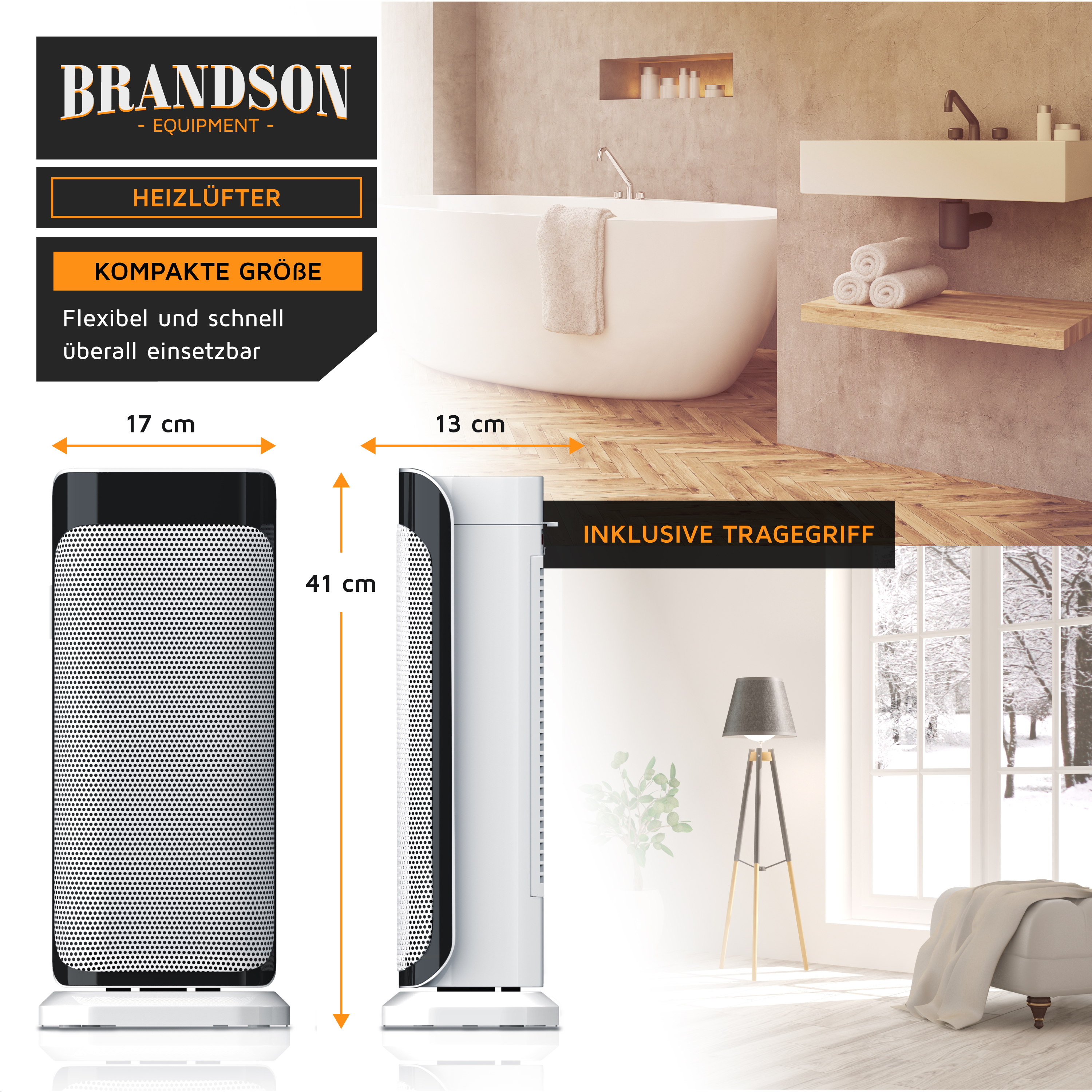 Brandson Heizlüfter in kompaktem Design, schwarz-weiß mit Tragegriff, ideal für den flexiblen Einsatz in verschiedenen Räumen.