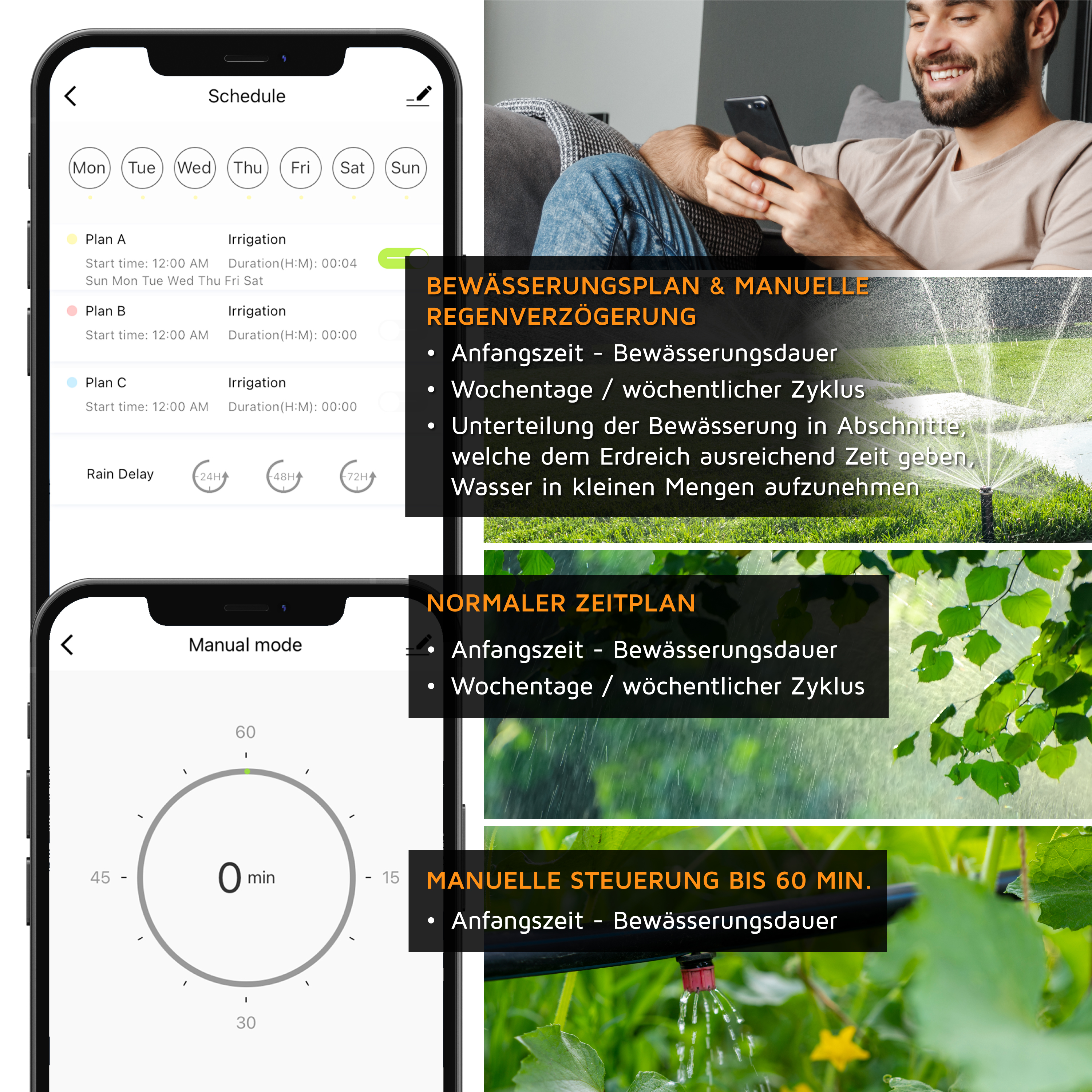 Benutzeroberfläche der Brandson-Bewässerungssteuerungs-App mit Planungsoptionen, manuellem Modus und Regenverzögerungseinstellungen auf einem Smartphone.