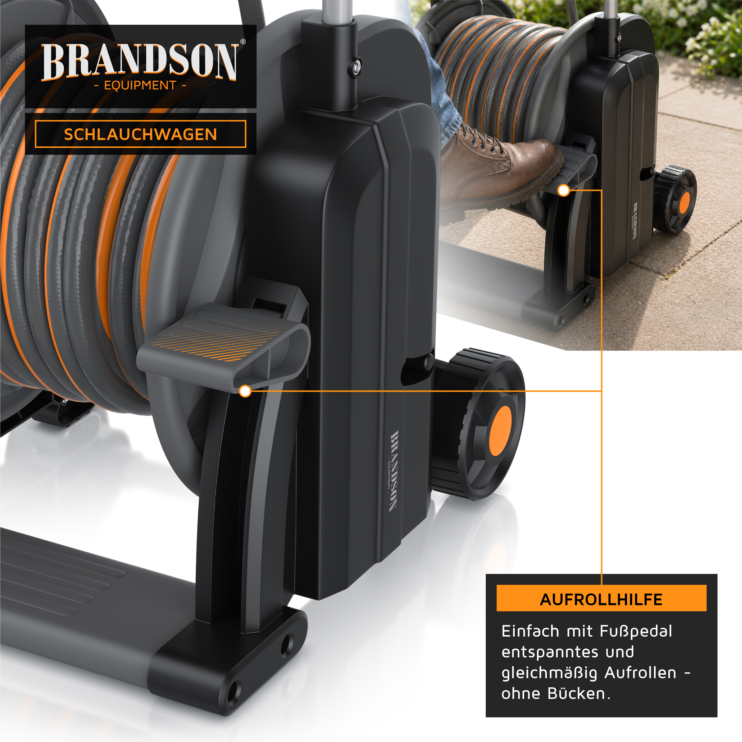 Brandson Schlauchwagen mit Fußpedal zur einfachen Handhabung, schwarzes Gehäuse und orangefarbene Akzente, ideal für den Garten.