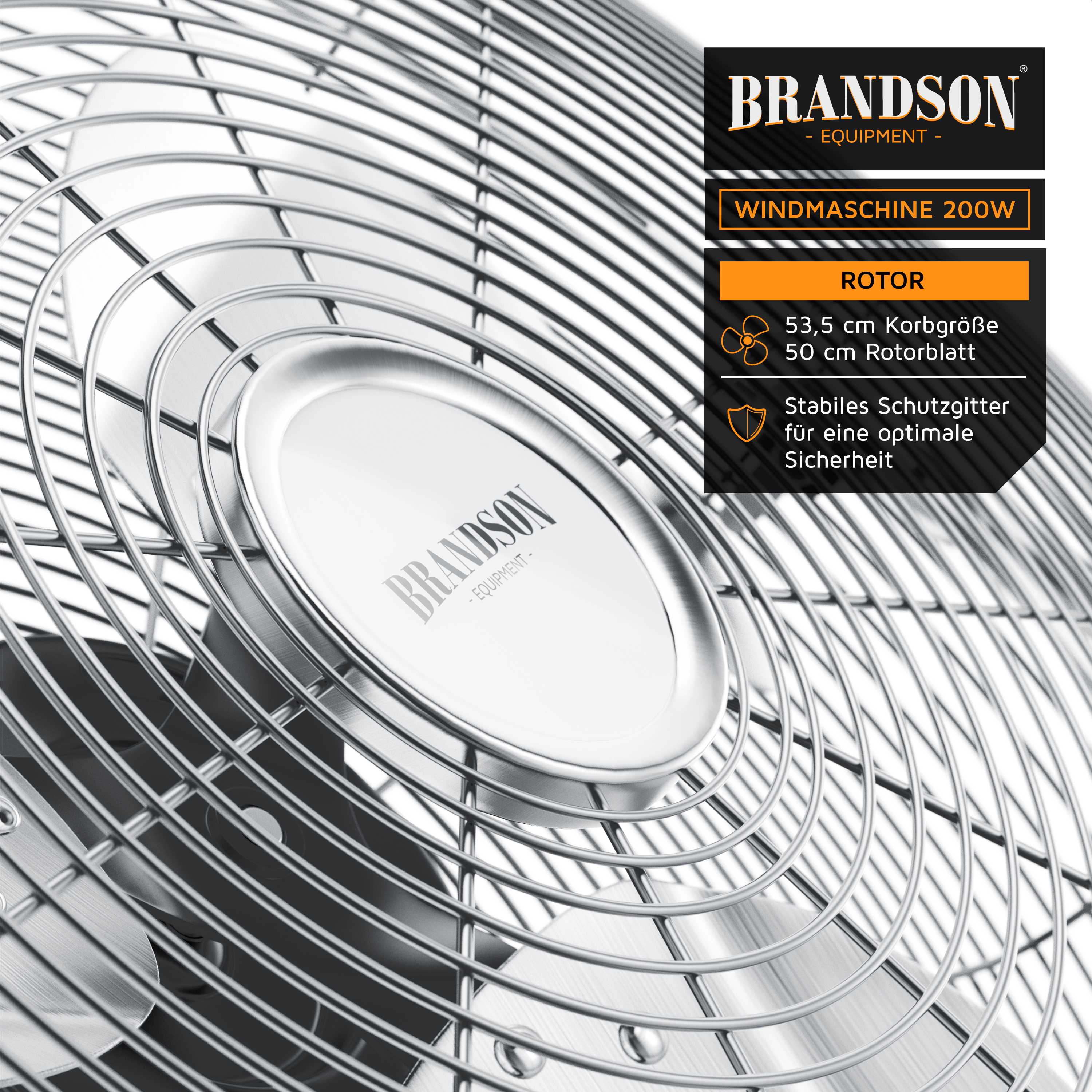 Brandson Windmaschine mit 53,5 cm Korbgröße und 50 cm Rotorblatt, stabiler Schutzgitter für Sicherheit.
