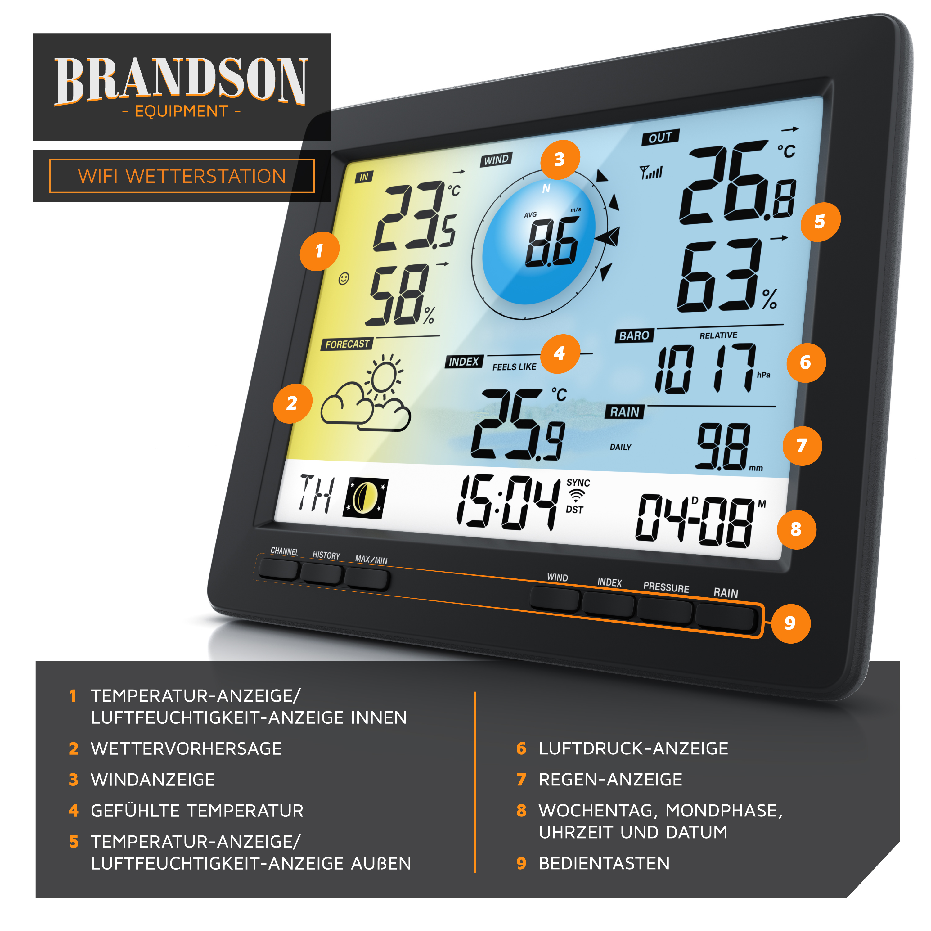 Brandson WLAN-Wetterstation mit großem Farbdisplay, das Innen- und Außentemperatur, Luftfeuchtigkeit, Windgeschwindigkeit und Wettervorhersage anzeigt.