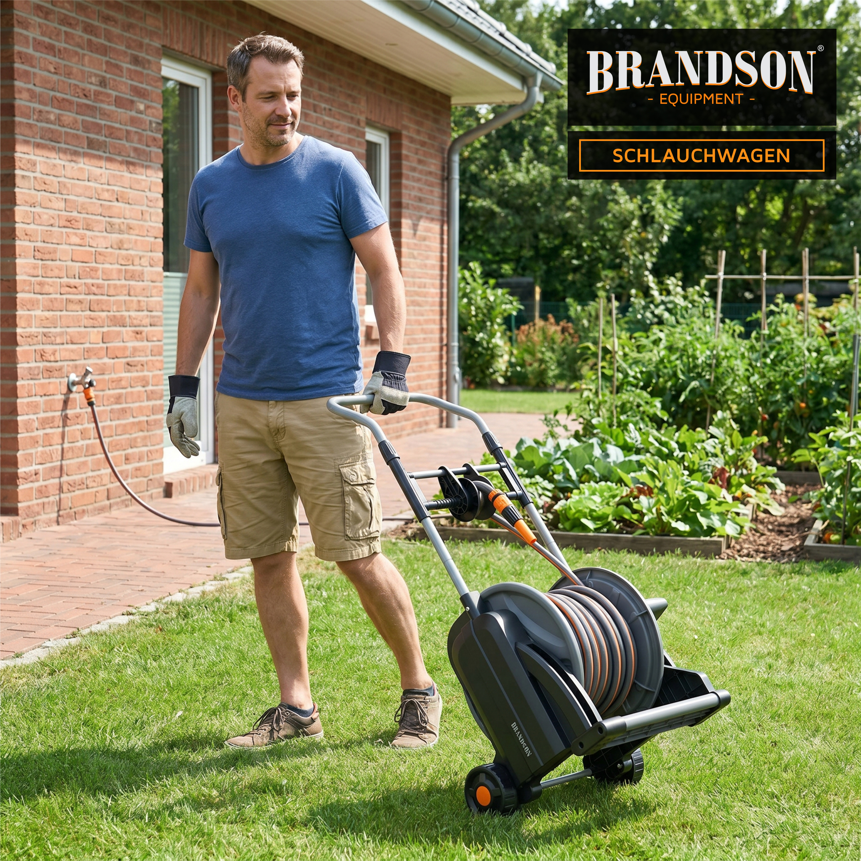 Brandson Schlauchwagen mit robustem Gestell, orangefarbenen Rollen und Schlauchaufwicklung, genutzt im Garten.