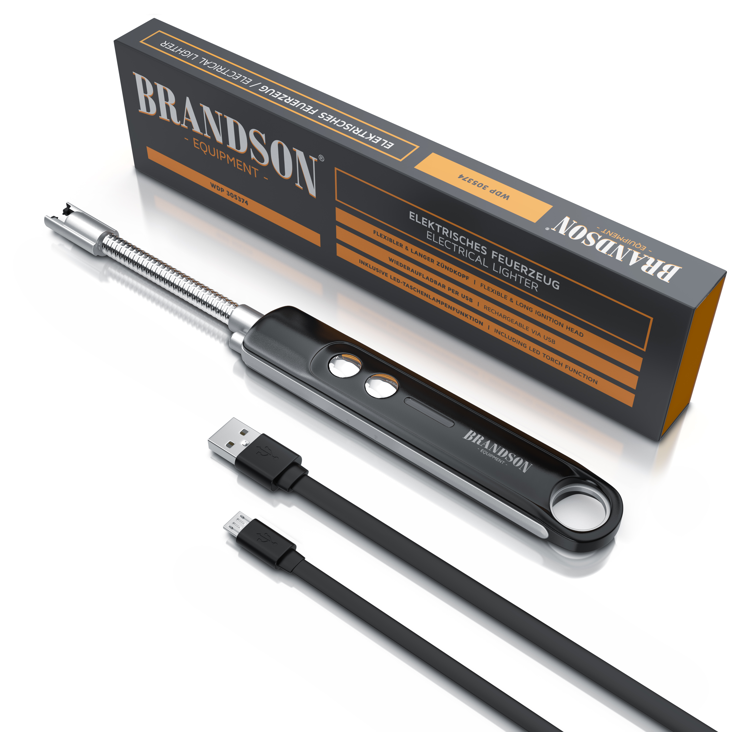 Elektrisches Feuerzeug von Brandson mit flexiblem Zündkopf, USB-Ladekabel und Verpackung im eleganten schwarzen Design.