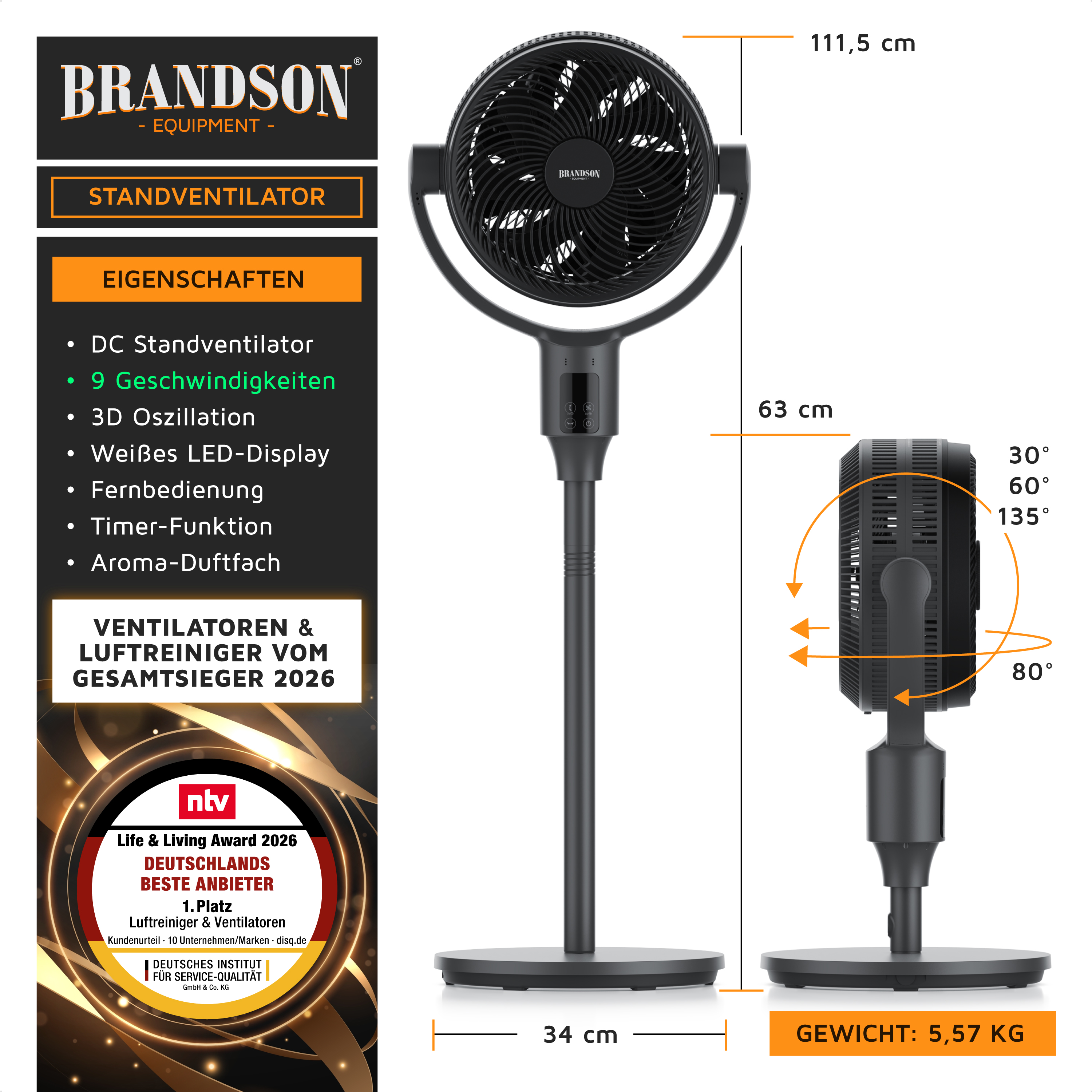 Standventilator von Brandson mit elegantem schwarzem Design, LED-Anzeige, Fernbedienung und einstellbarer Höhe für vielseitige Kühlung.