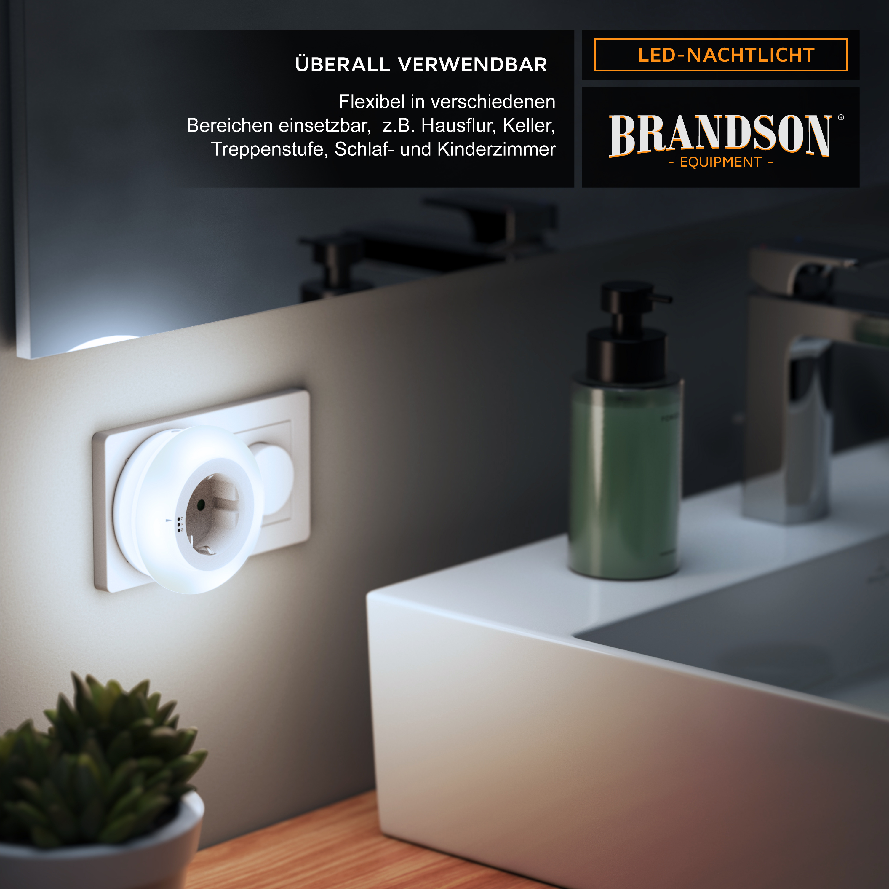 Brandson LED-Nachtlicht mit rundem Design, angeschlossen an eine Steckdose, geeignet für verschiedene Innenbereiche wie Flure und Schlafzimmer.