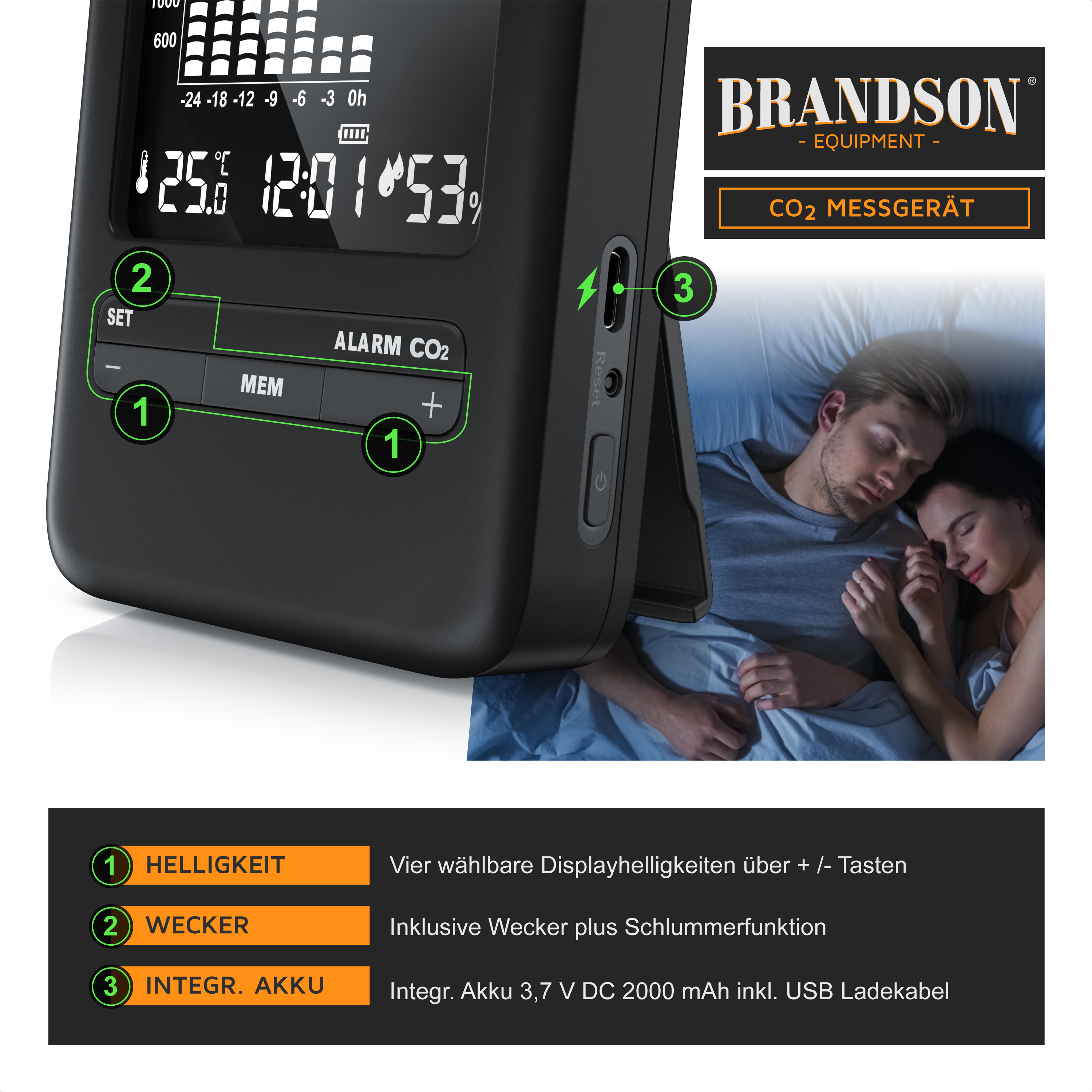 Brandson CO2-Messgerät in Schwarz mit Digitalanzeige, Tasten für Einstellungen und USB-Ladeanschluss, verwendet im Schlafzimmer.