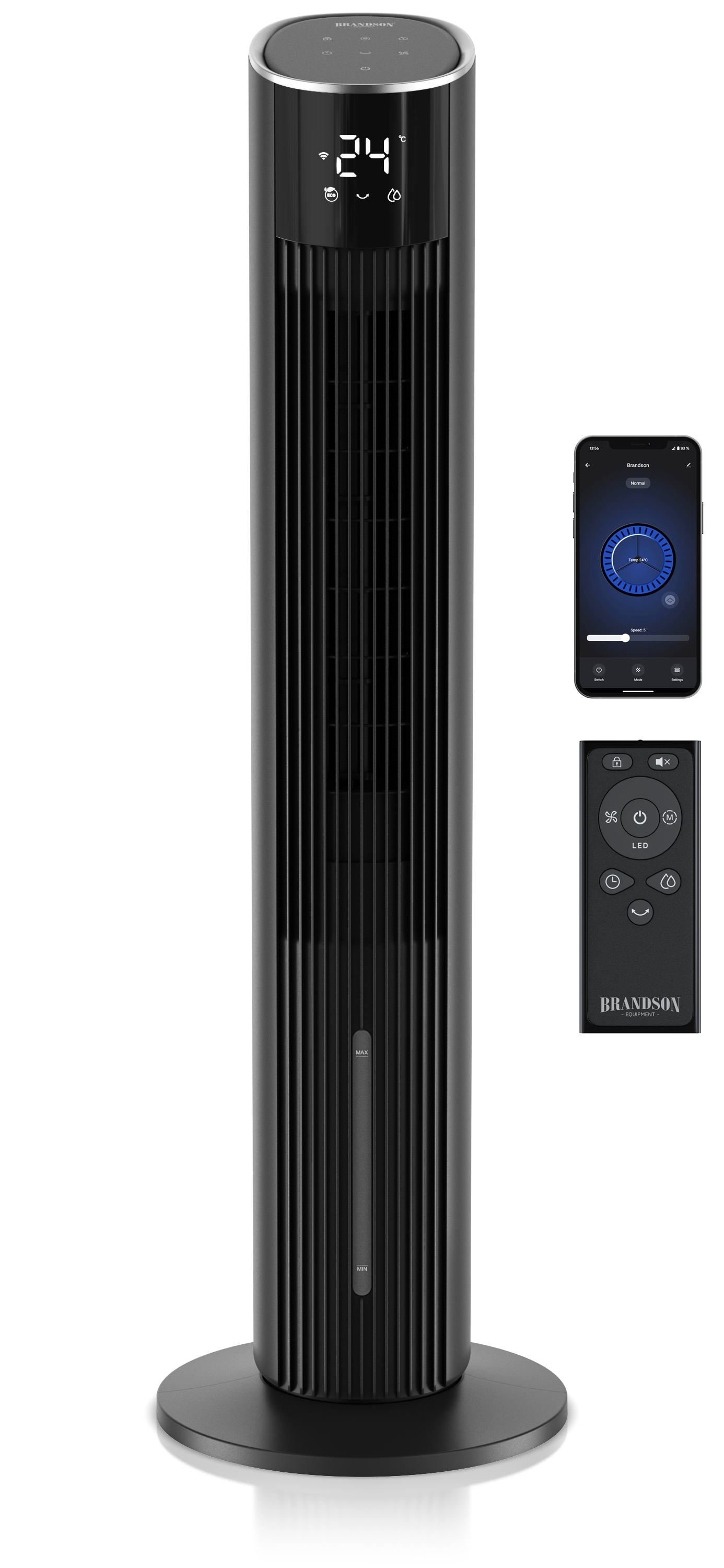 Brandson Turmventilator in Schwarz mit digitalem Display, Bedienfeld und Fernbedienung, geeignet für die Nutzung im Innenbereich.