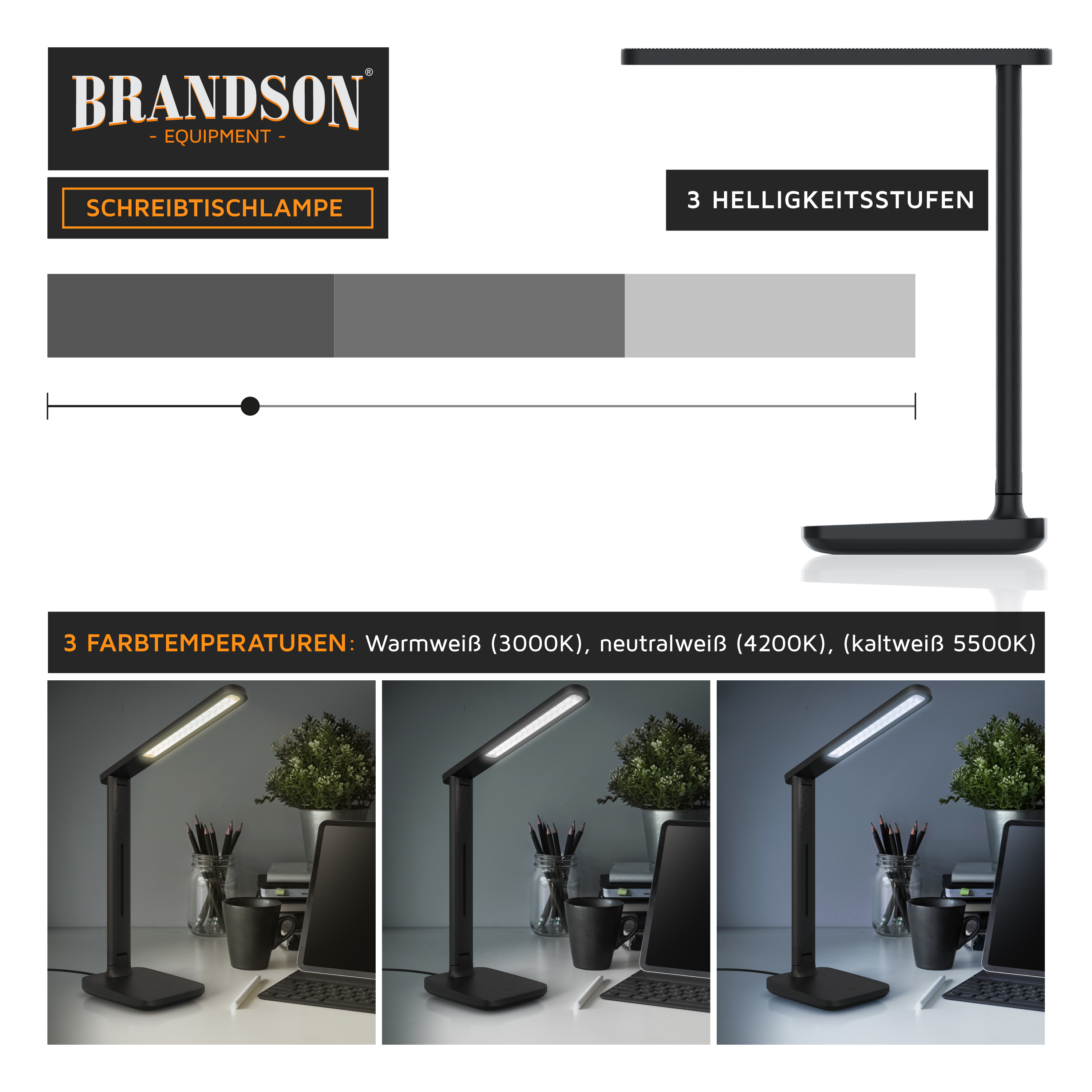 Brandson-Schreibtischlampe mit einstellbarer Helligkeit und drei Farbtemperaturen, elegantem schwarzem Design und stabilem Sockel.