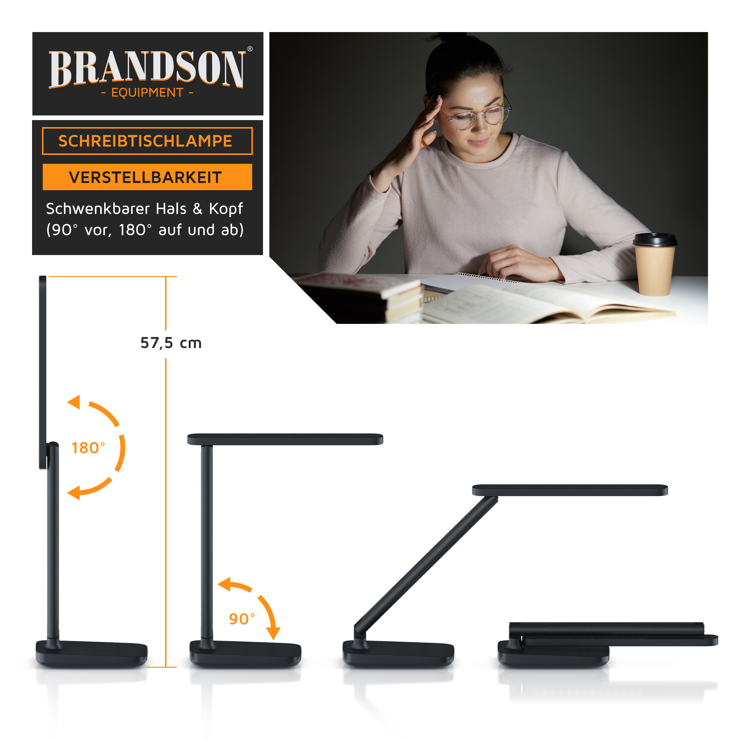 Brandson Schreibtischlampe mit schwenkbarem Hals und Kopf, in Schwarz, ideal für flexibles Arbeiten am Schreibtisch.