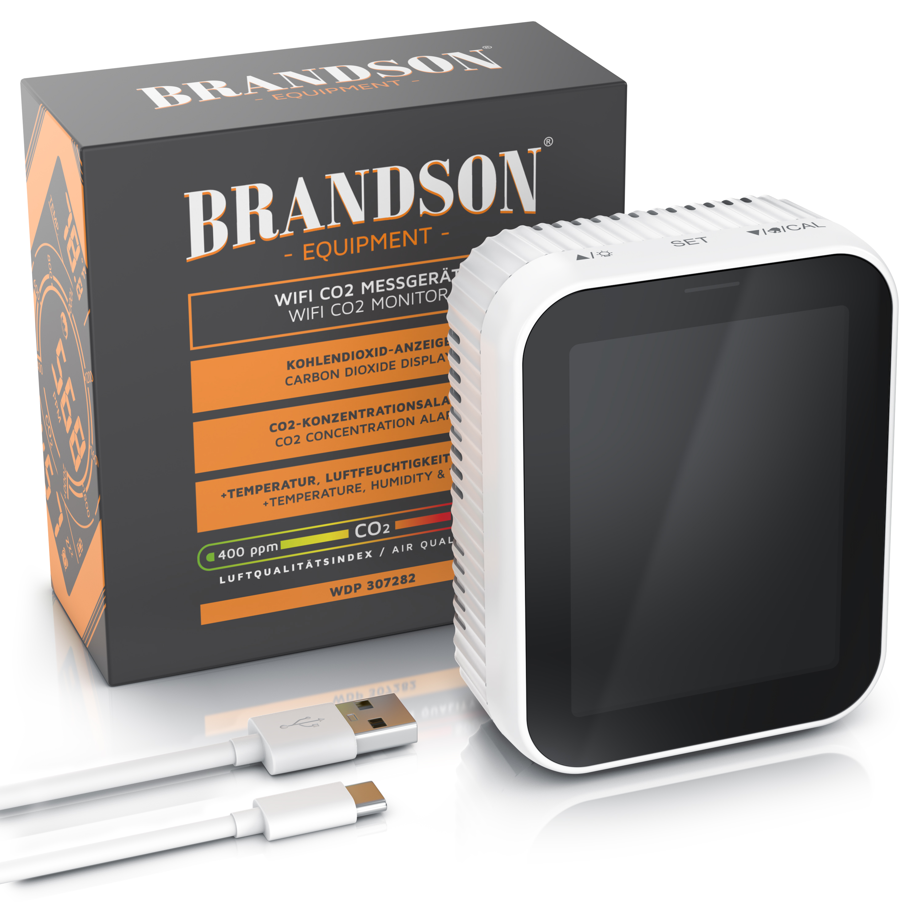 Brandson WLAN-CO2-Monitor in Weiß mit schwarzem Display, USB-Kabel und Verpackung zur Anzeige der CO2-Konzentration und Luftqualitätsindikatoren.