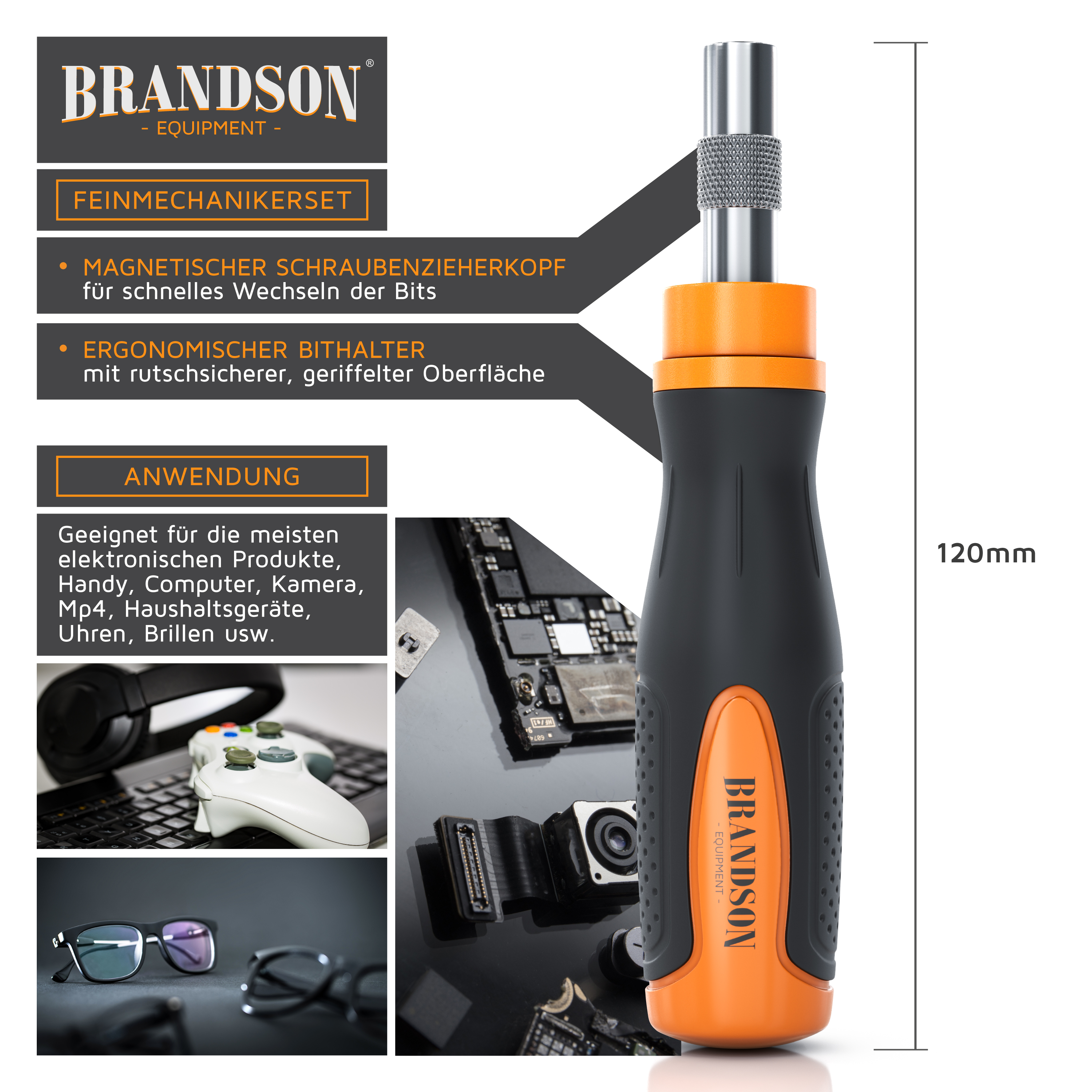 Brandson Feinmechanikerset mit magnetischem Schraubenzieherkopf und ergonomischem Bithalter in Schwarz und Orange, ideal für elektronische Produkte.