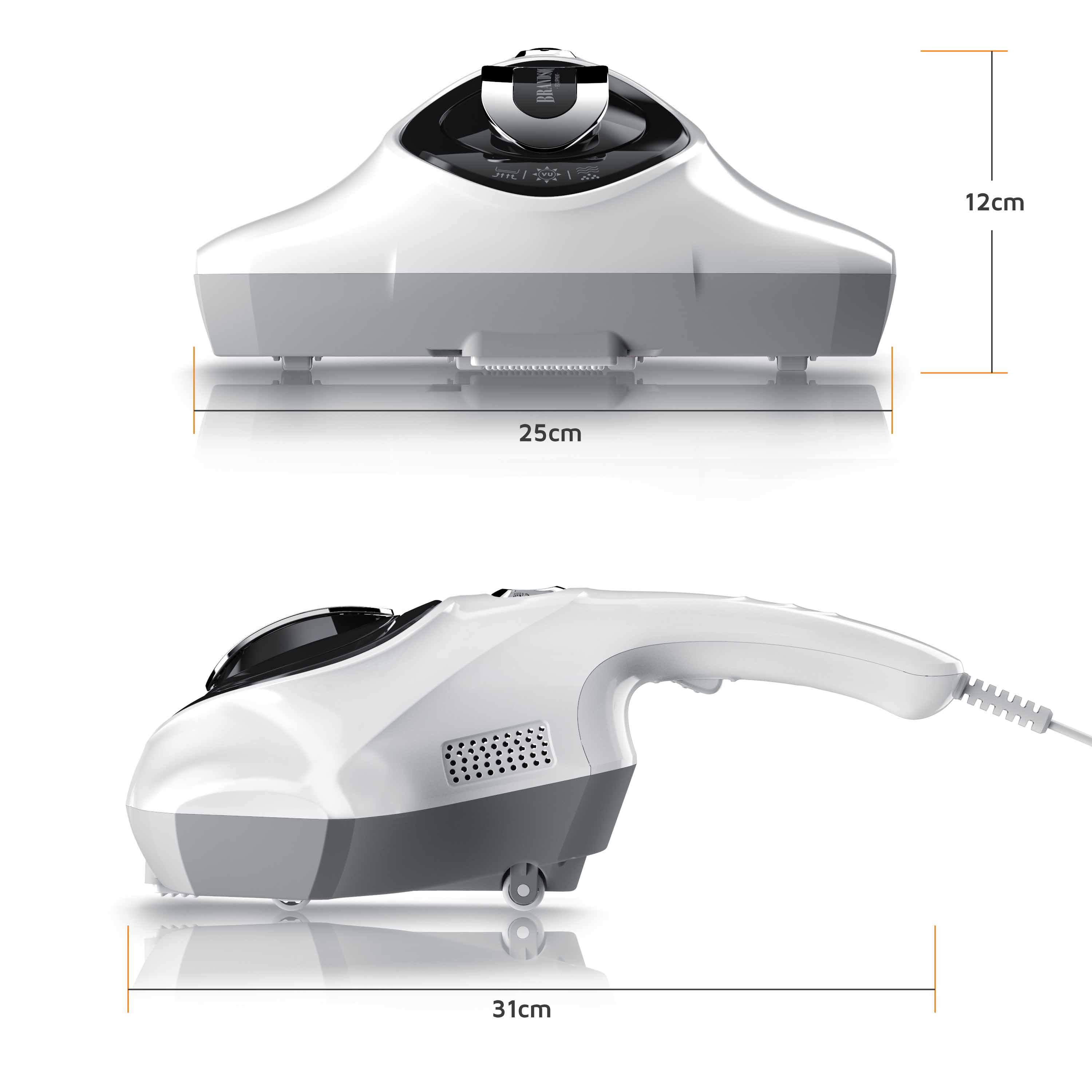 Brandson Dampfreiniger in Weiß mit ergonomischem Griff, Bedienfeld und Rollen für einfache Handhabung.