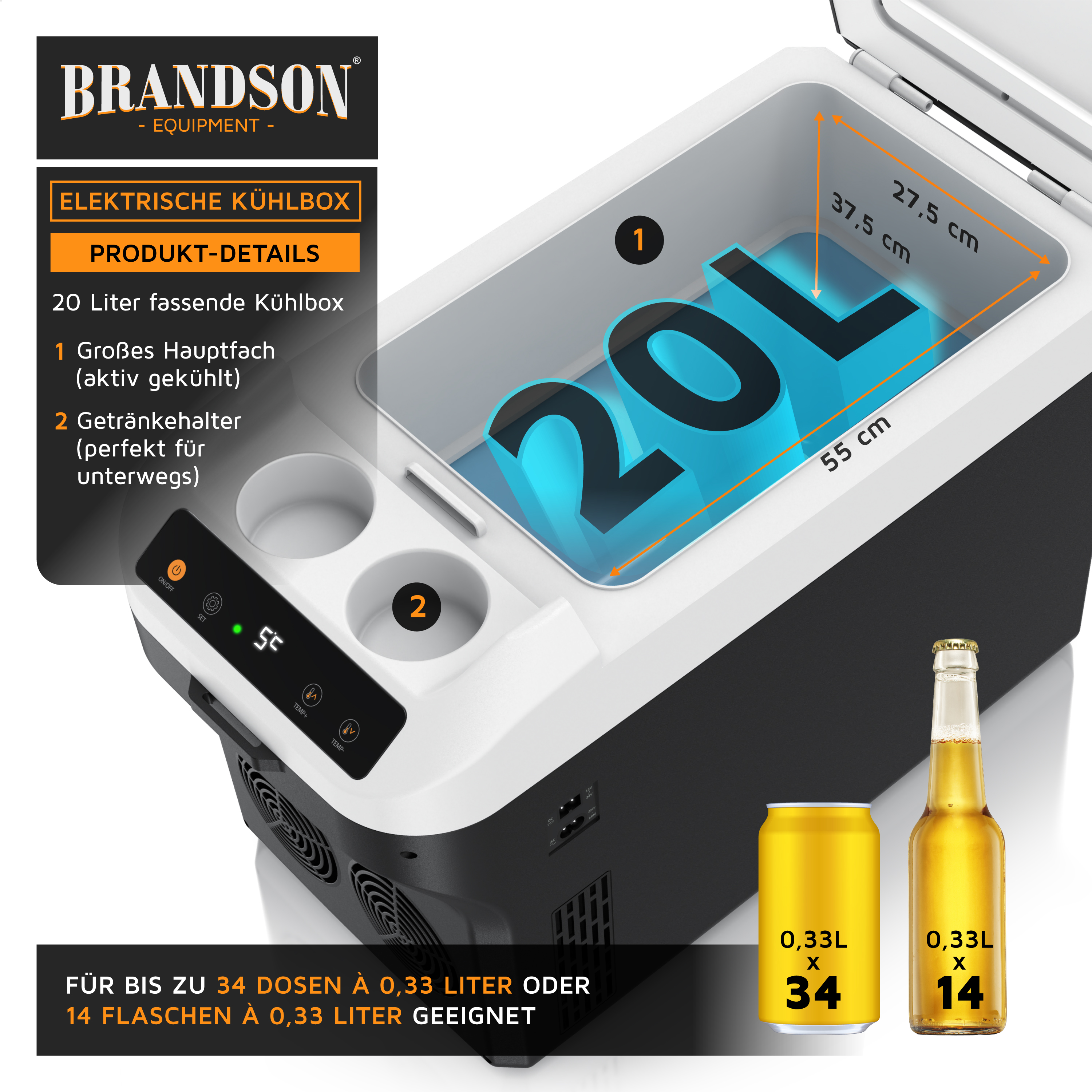 Elektrische Kühlbox von Brandson mit einem Fassungsvermögen von 20 Litern, einem großen Kühlfach, zwei Getränkehaltern und einer digitalen Anzeige.