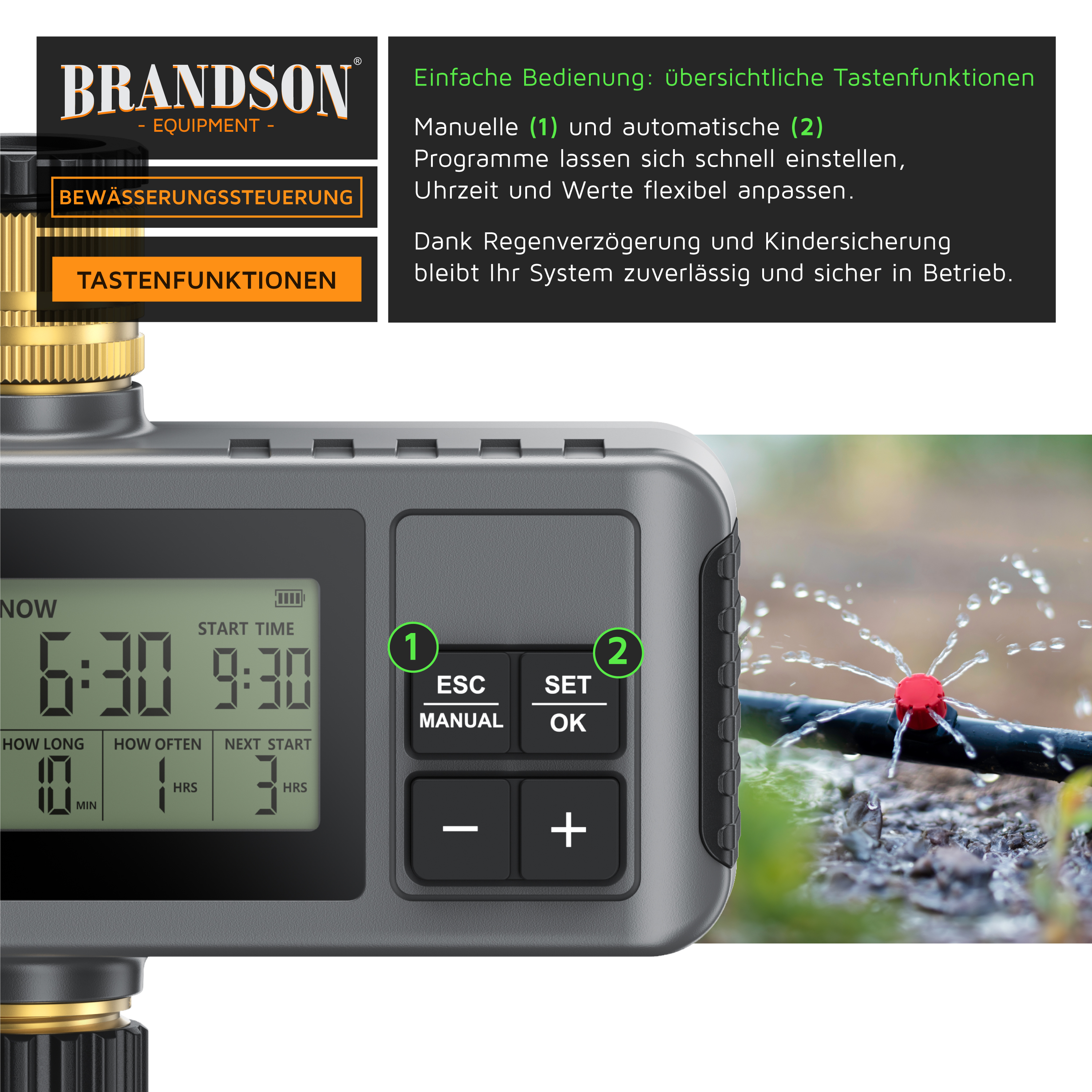 Brandson Bewässerungssteuerung mit übersichtlichem Display und Tastenfeld für manuelles und automatisches Programm.