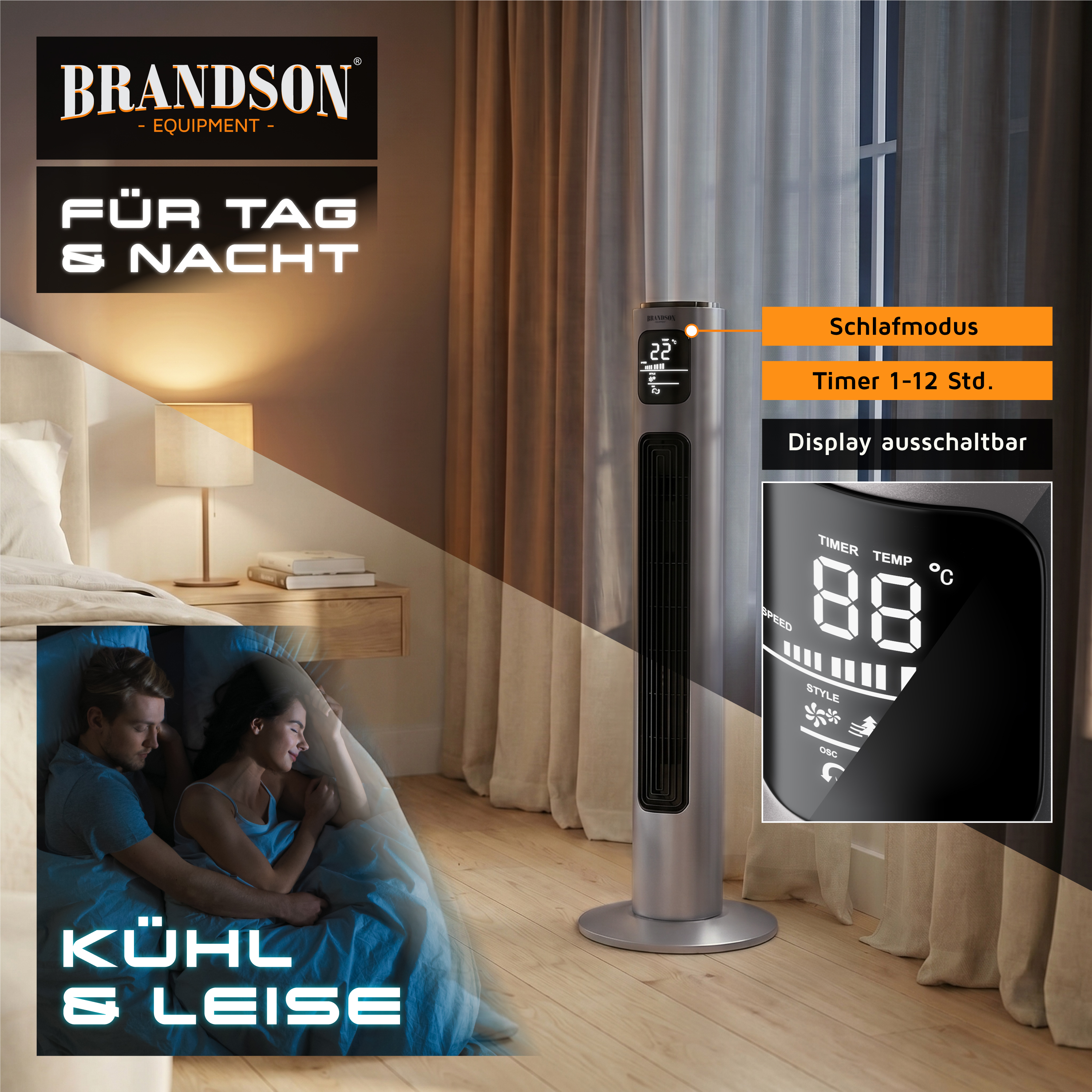 Brandson Turmventilator mit elegantem Design, Digitalanzeige und Timer-Funktion, platziert in einer gemütlichen Schlafzimmerumgebung.