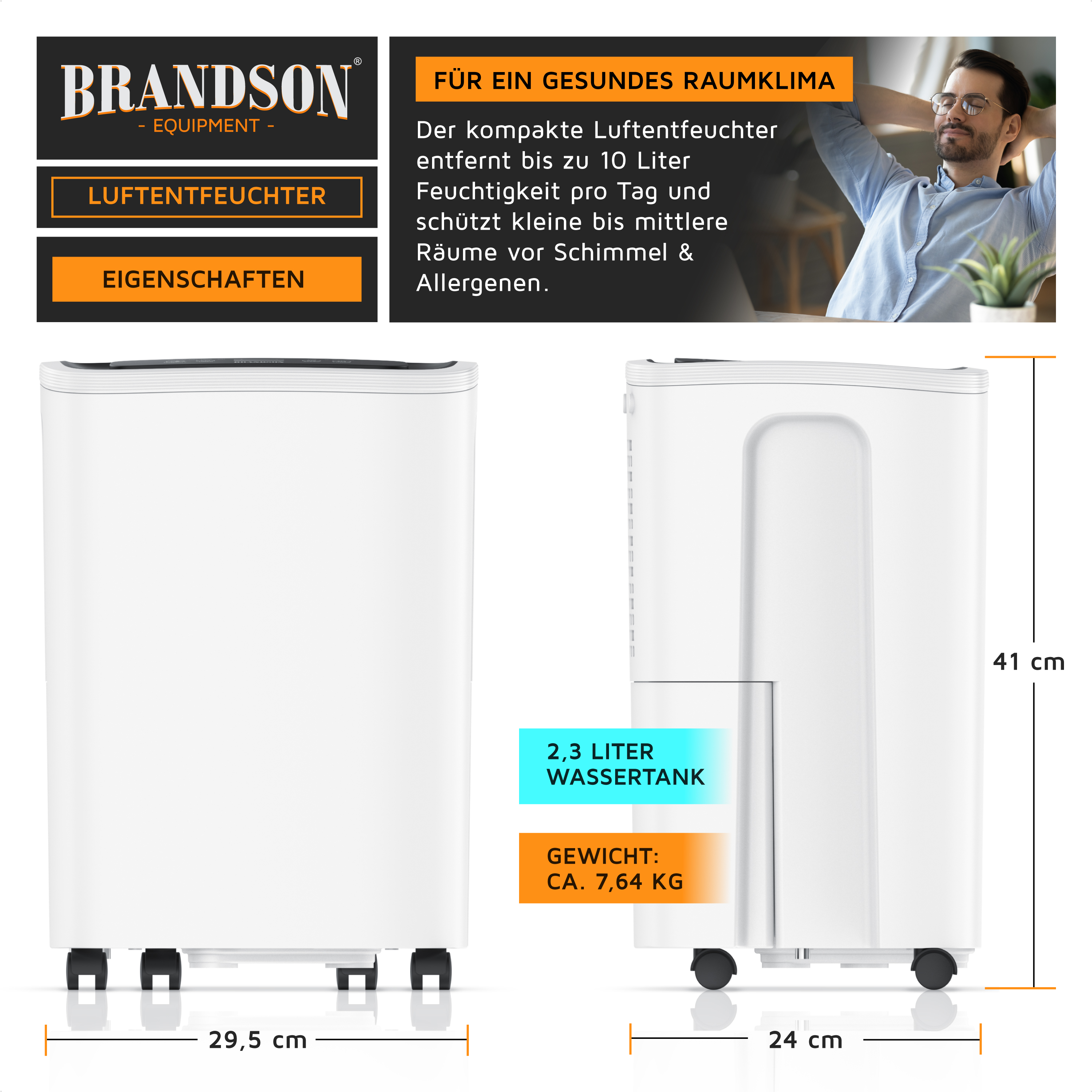 Brandson Luftentfeuchter in Weiß mit kompaktem Design, sichtbarem Bedienfeld, Rollen und einem 2,3 Liter Wassertank.