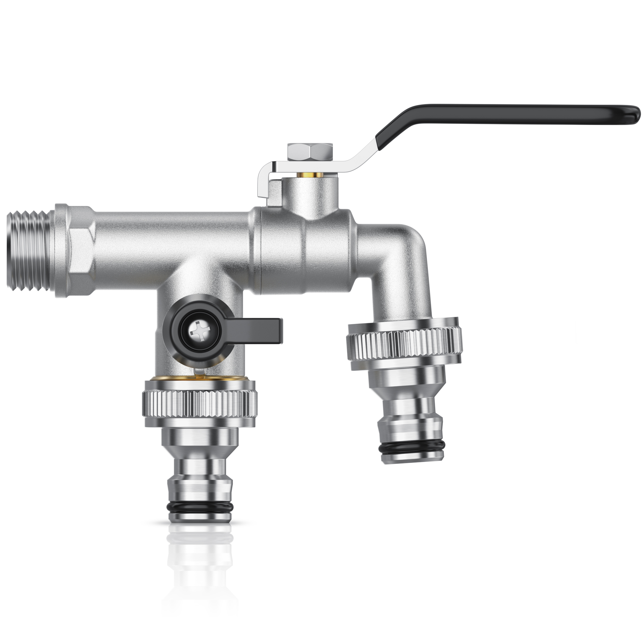 Brandson Wasseranschluss mit zwei Schlauchanschlüssen, aus silbernem Metall, mit schwarzem Hebel und Drehknopf zur Regulierung.
