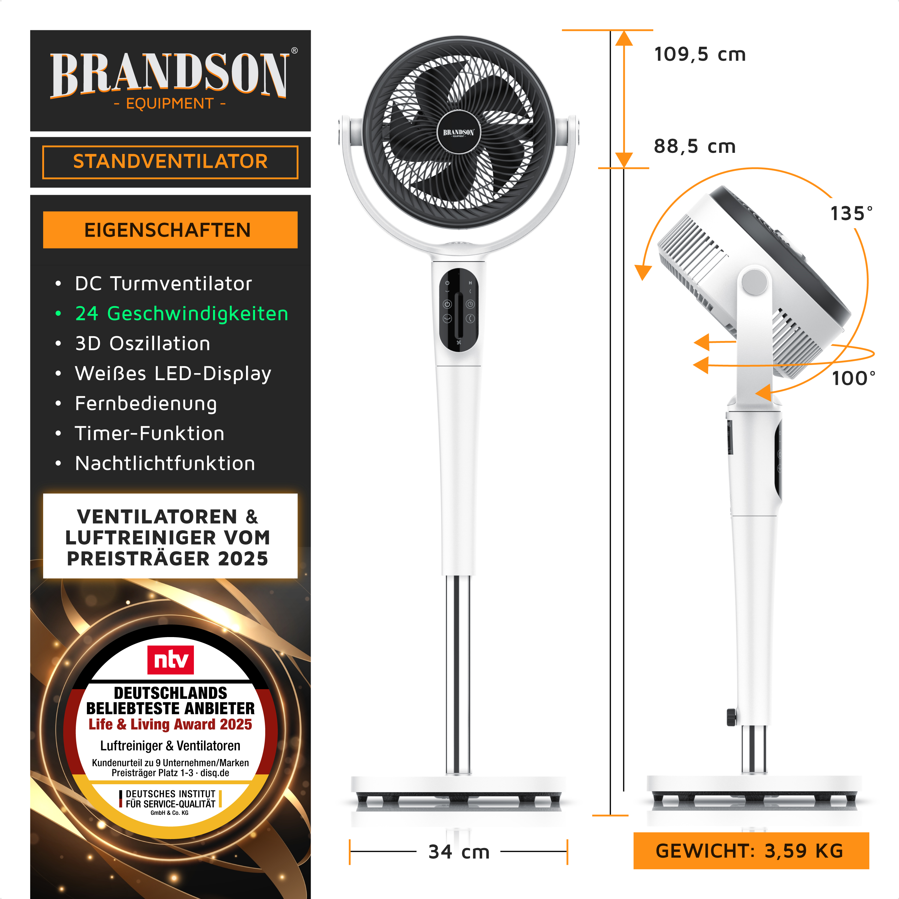 Standventilator von Brandson mit elegantem weißem Design, LED-Anzeige, Fernbedienung und einstellbarer Höhe für vielseitige Kühlung.