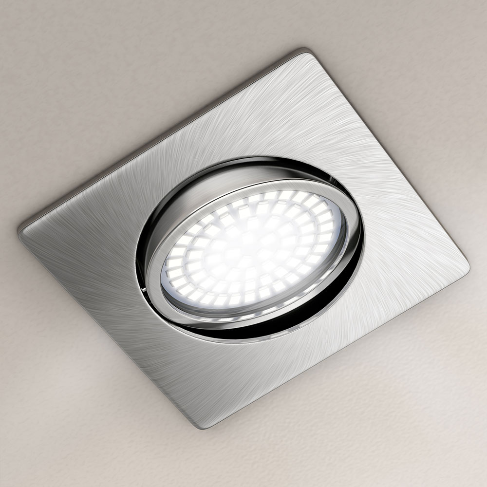 Brandson Einbaustrahler mit quadratischem, gebürstetem Metallrahmen und runder, heller LED-Lampe.