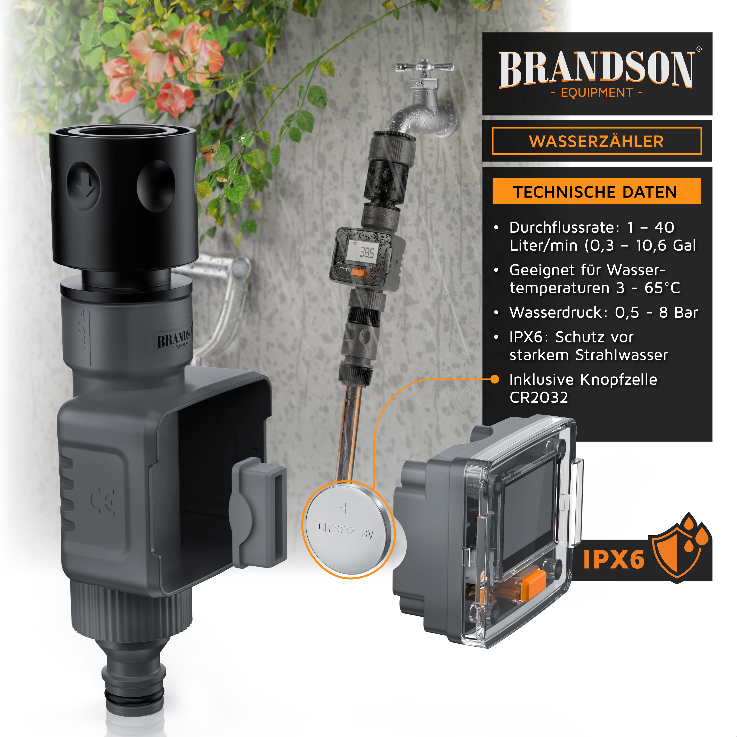 Brandson Wasserzähler mit digitalem Display, grauem Gehäuse und IPX6 Schutz, geeignet für verschiedene Wasserdrücke und Temperaturen.