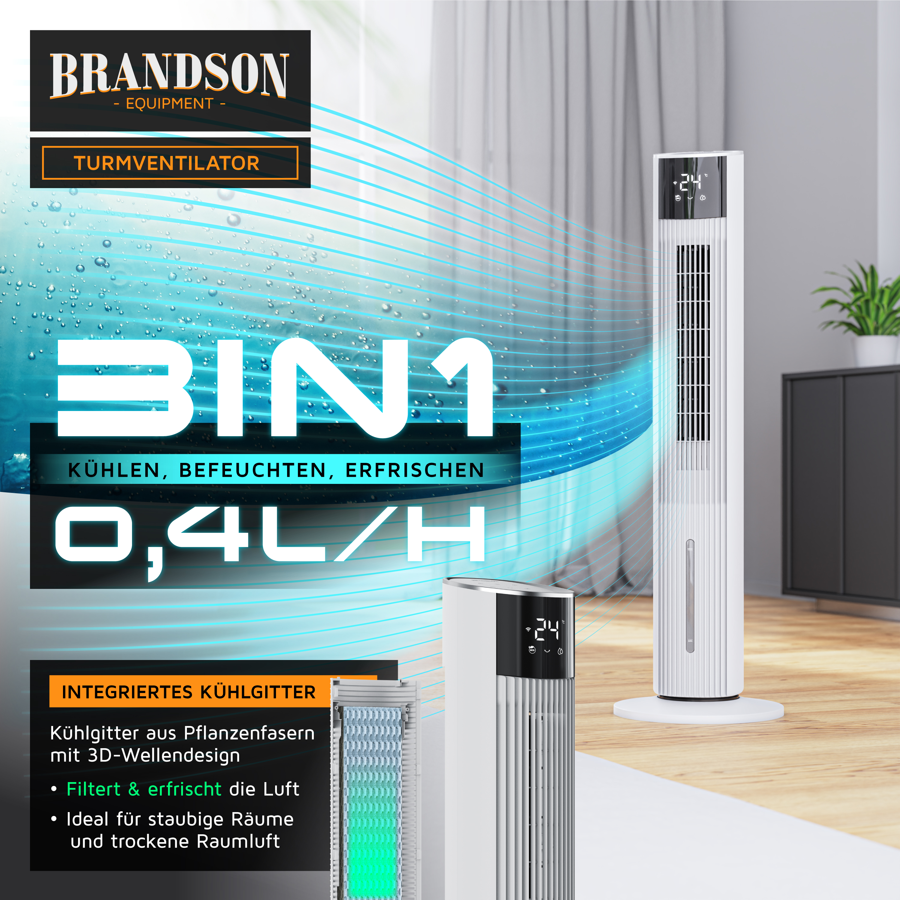 Brandson Turmventilator in Weiß mit integriertem Kühlgitter, digitalem Display und Bedienfeld, ideal für trockene Räume.