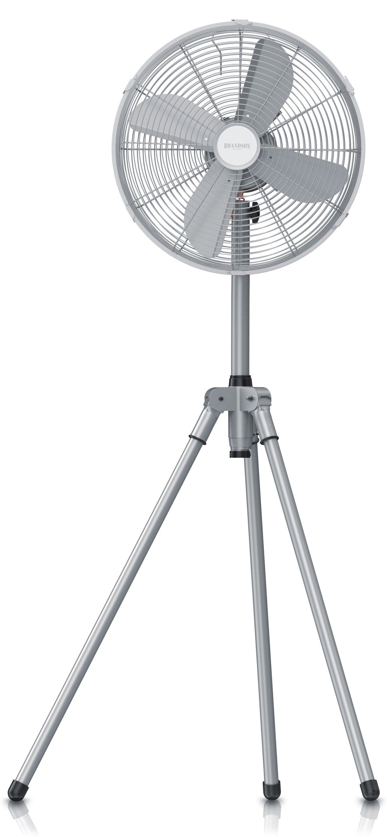 Brandson Standventilator mit silbernem, dreibeinigem Standfuß und verstellbarem Kopf für optimale Luftzirkulation.