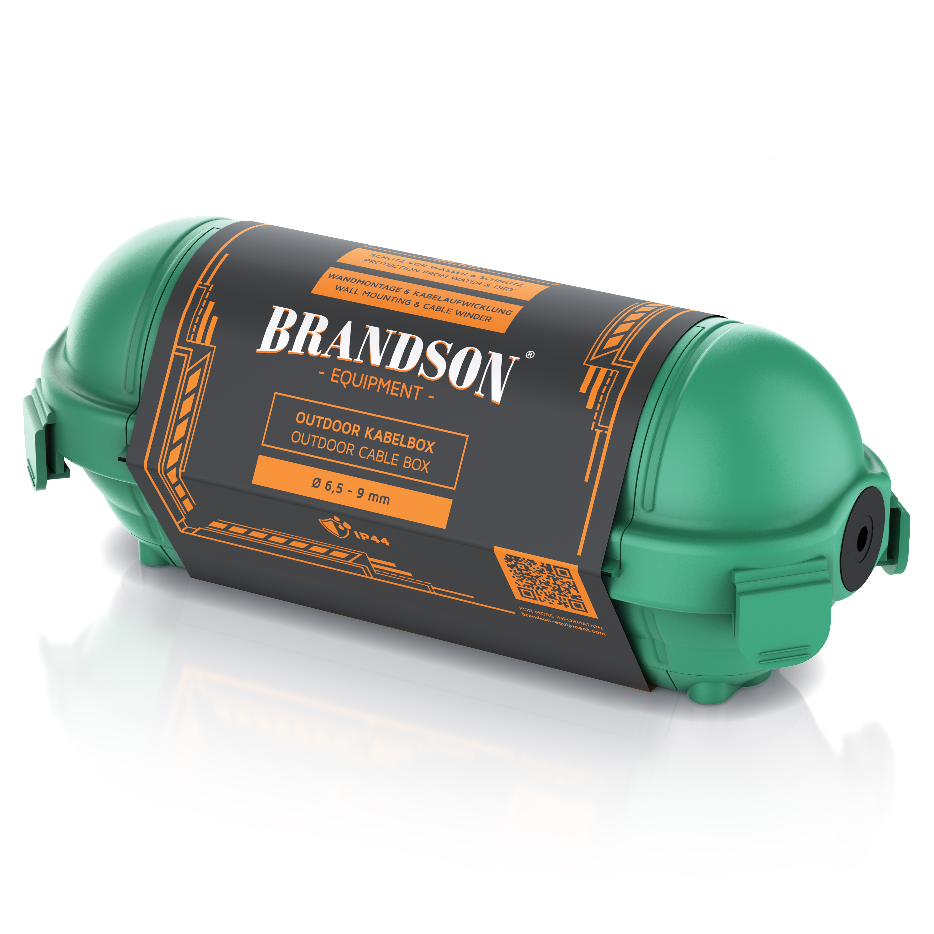 Brandson Outdoor-Kabelbox in Grün mit schwarzem Etikett, konzipiert für die Wandmontage und Kabelaufwicklung, mit IP44-Schutz.