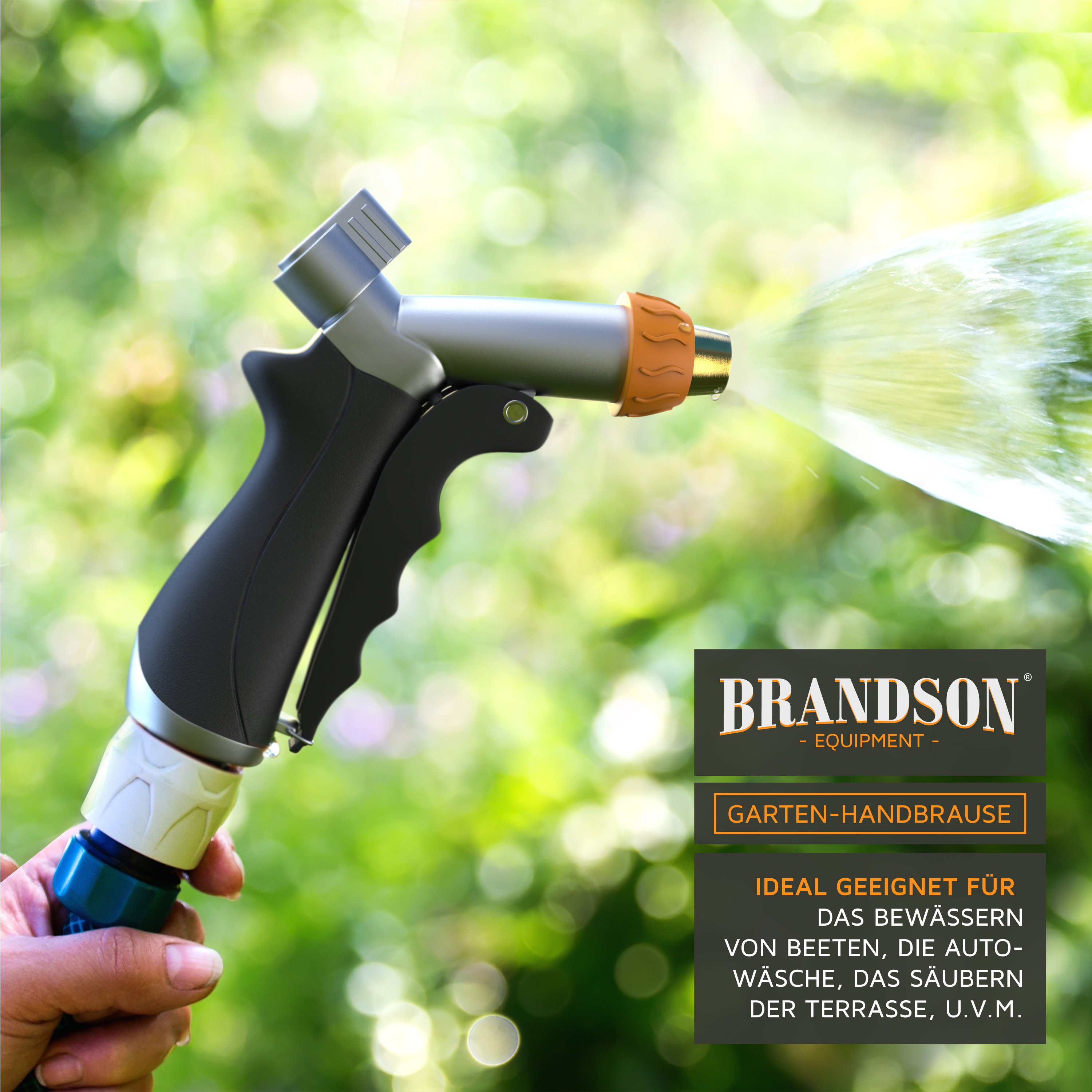Brandson Garten-Handbrause mit ergonomischem Griff, silbernem und schwarzem Design, ideal für Bewässerung und Reinigung.