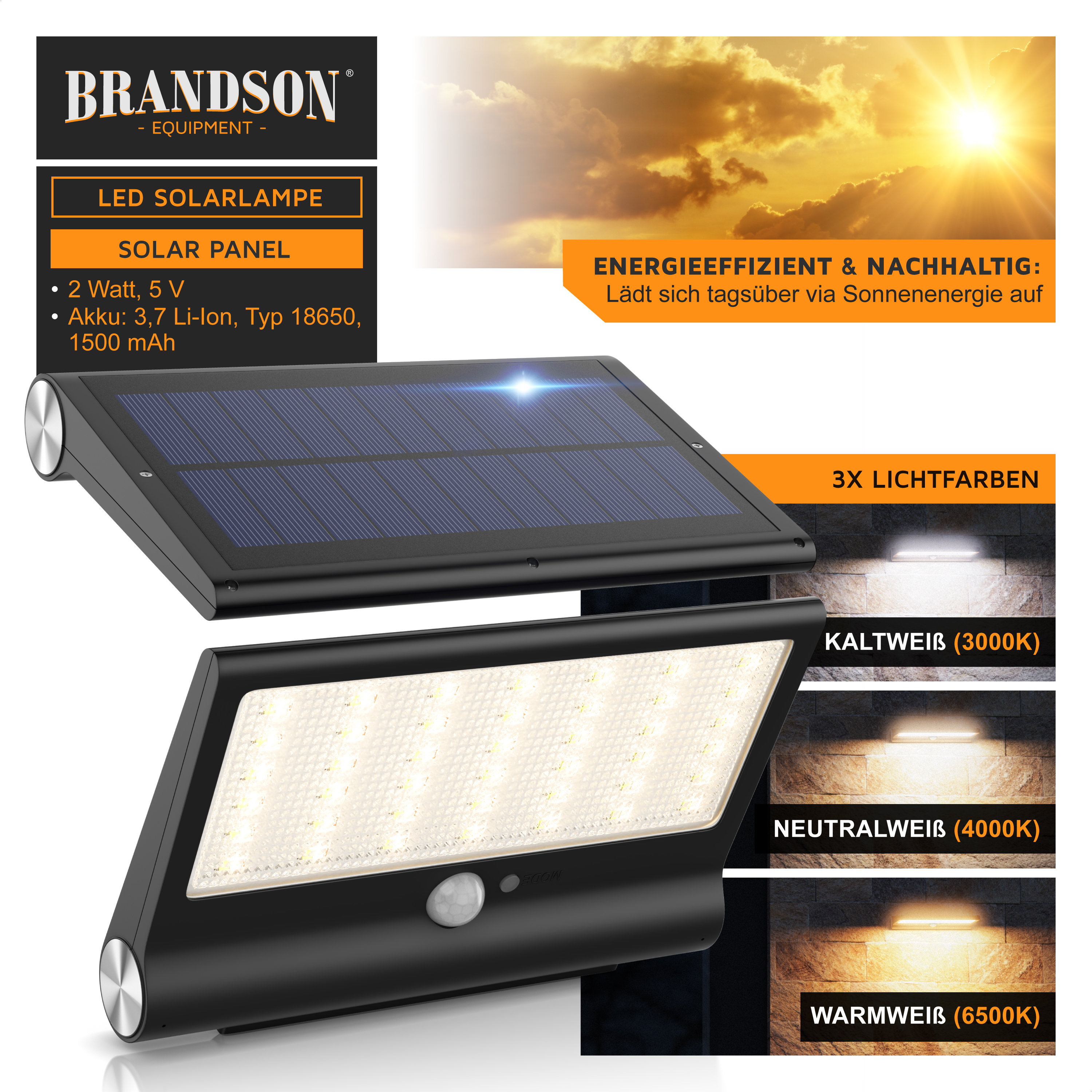Brandson LED-Solarlampe mit Solarpanel, drei Lichtfarben und einem Bewegungssensor, konzipiert für Energieeffizienz und Nachhaltigkeit.