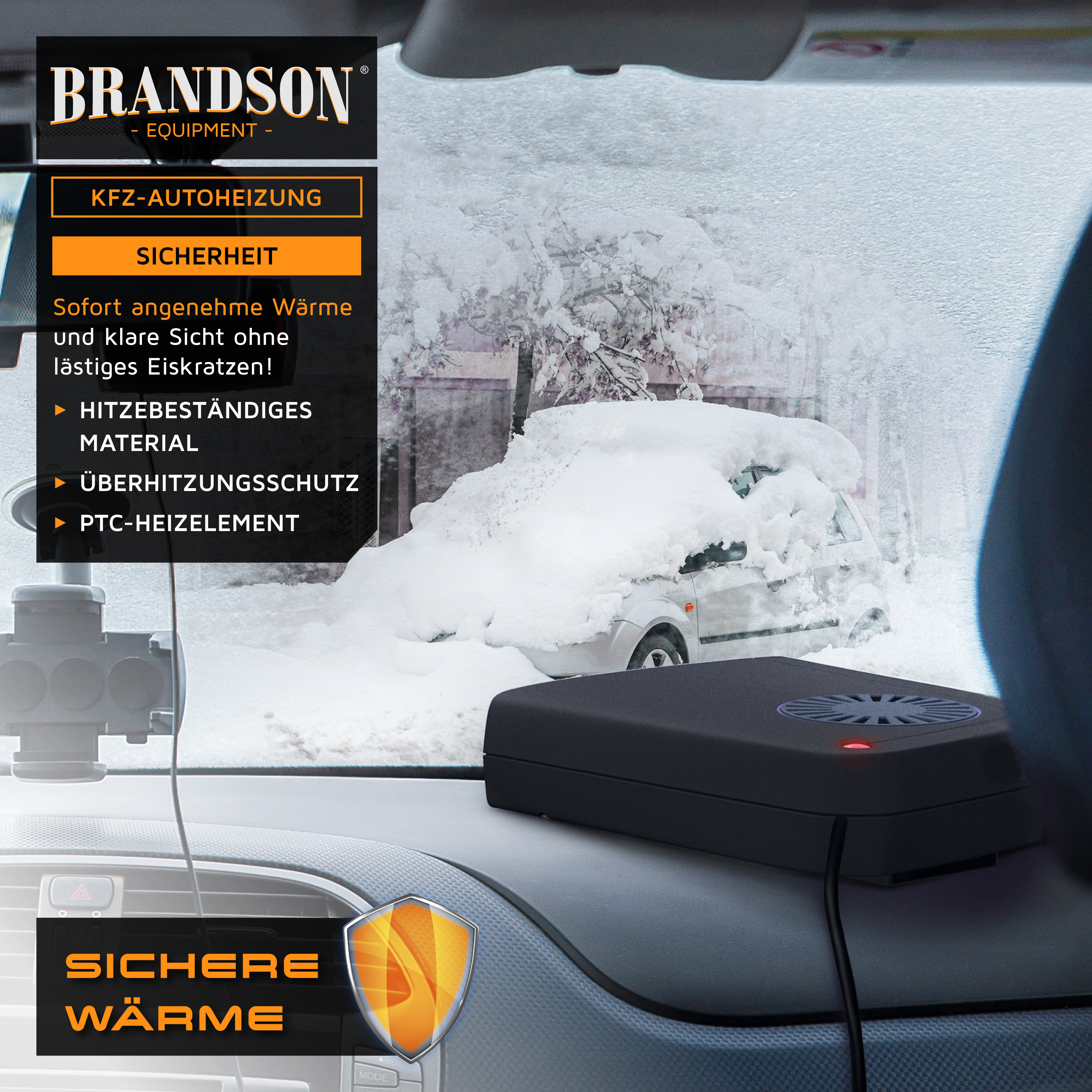 Brandson KFZ-Autoheizung in Schwarz auf dem Armaturenbrett eines Autos, bietet sofortige Wärme und klare Sicht bei winterlichen Bedingungen.