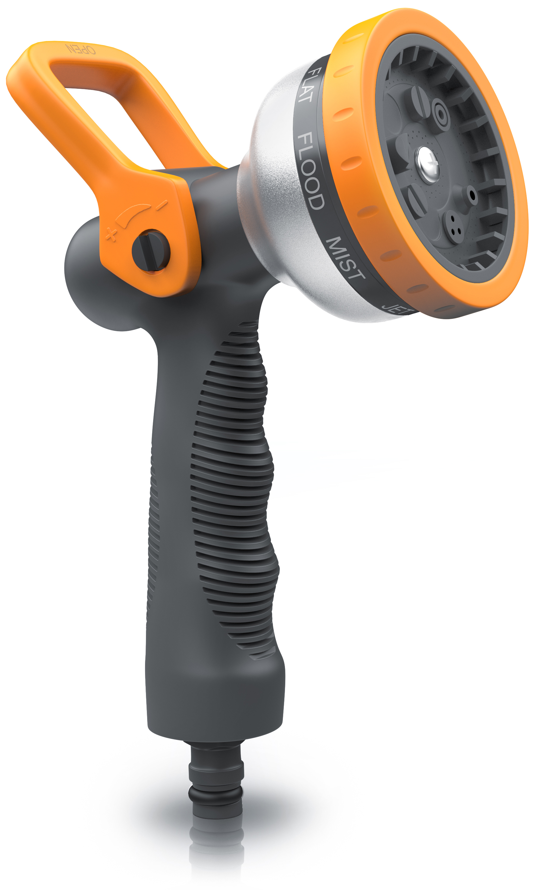 Brandson Gartenschlauchdüse mit ergonomischem Griff, orangefarbenem Kopf und verschiedenen Sprühmodi wie Flach, Überschwemmung und Nebel.